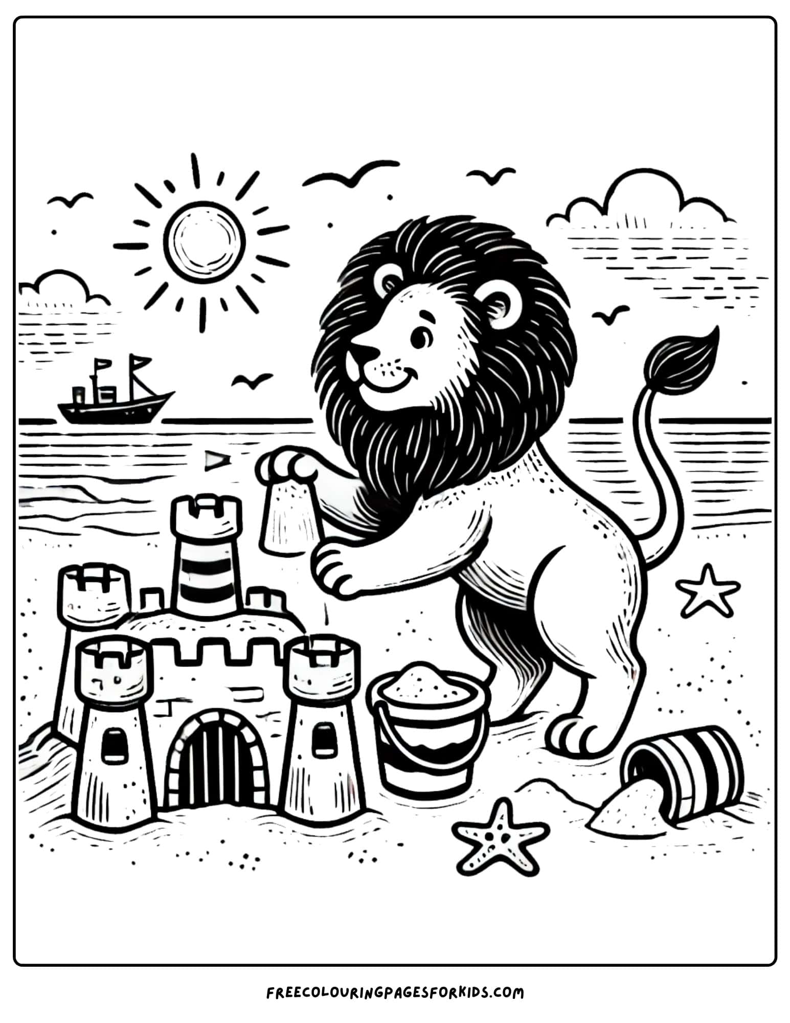 lion on the beach coloring page