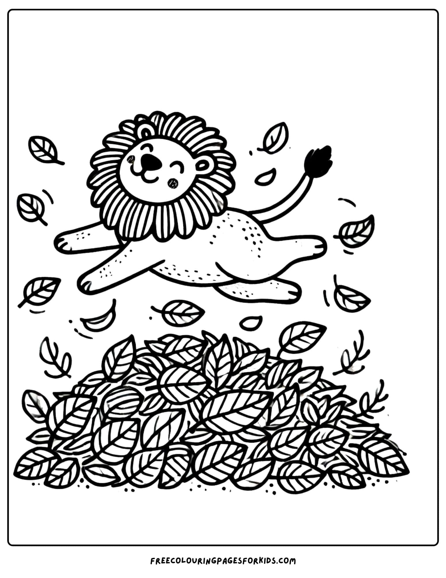 lion playing with leaves coloring page