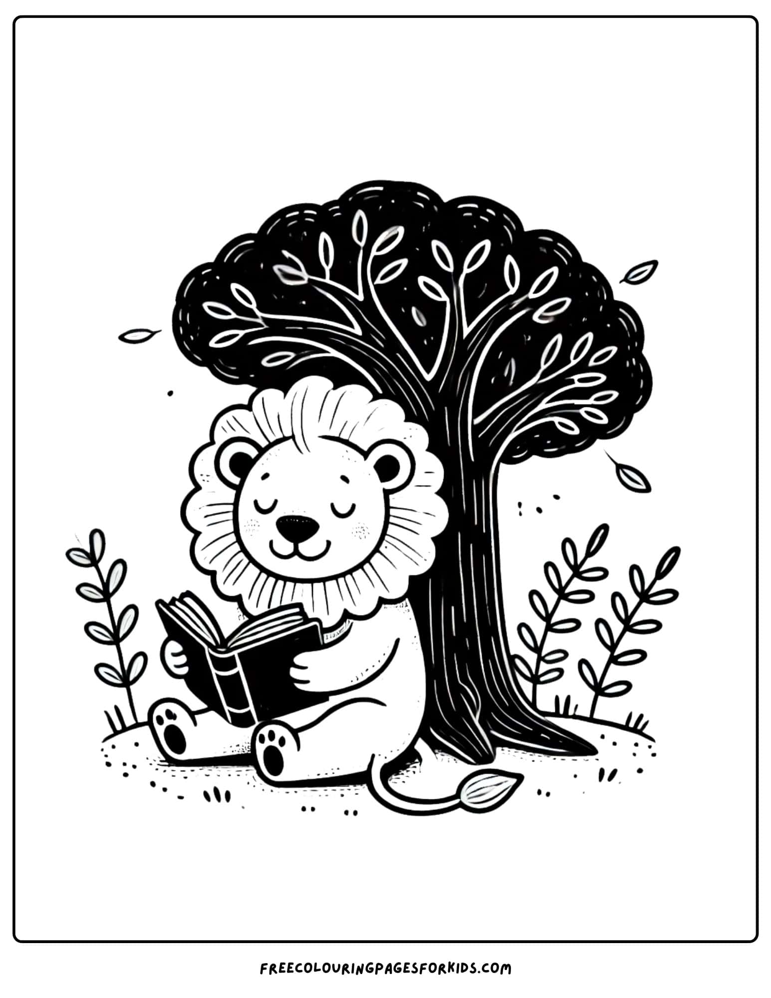 lion reading a book coloring page