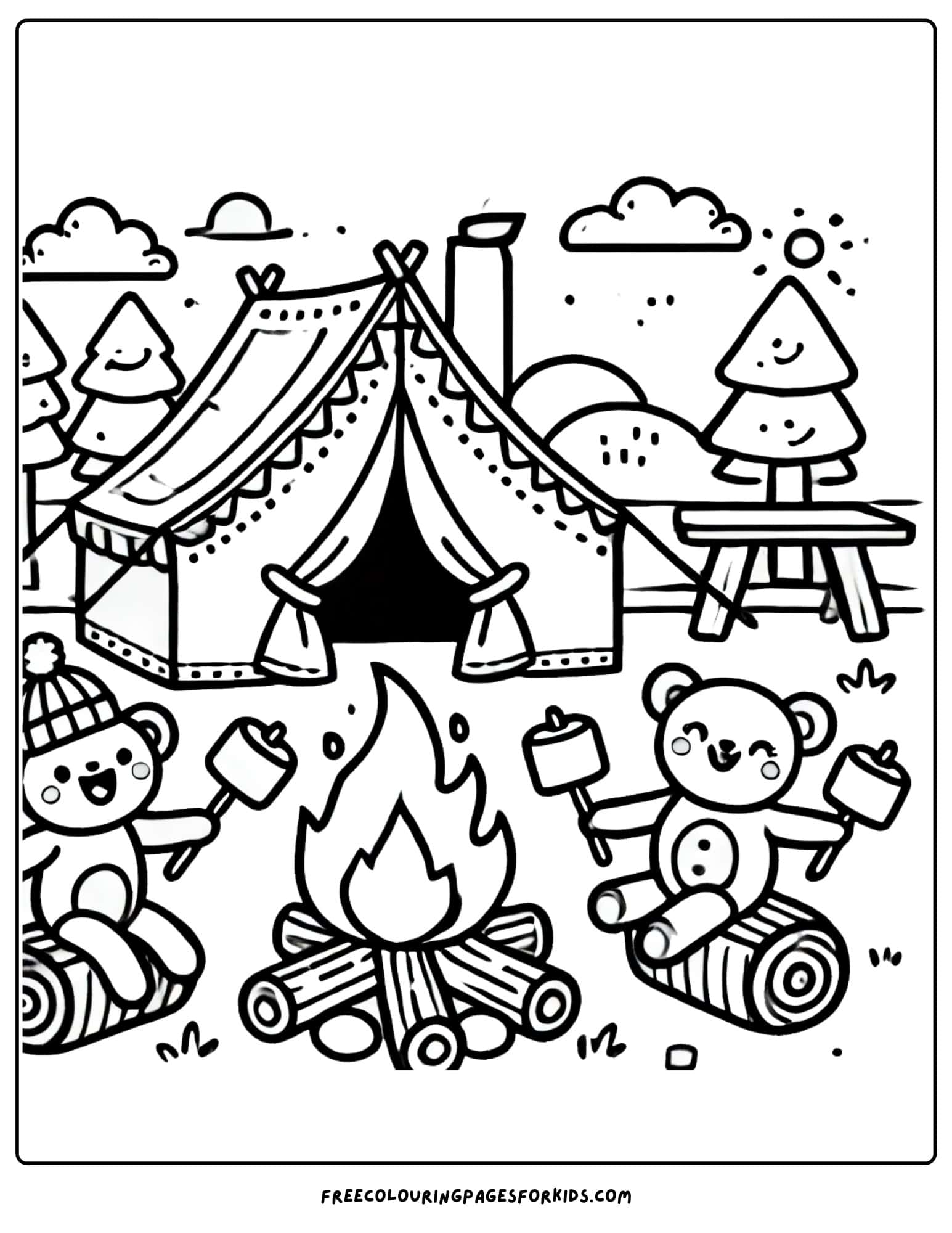 nature camping adventure with a tent and fire coloring page