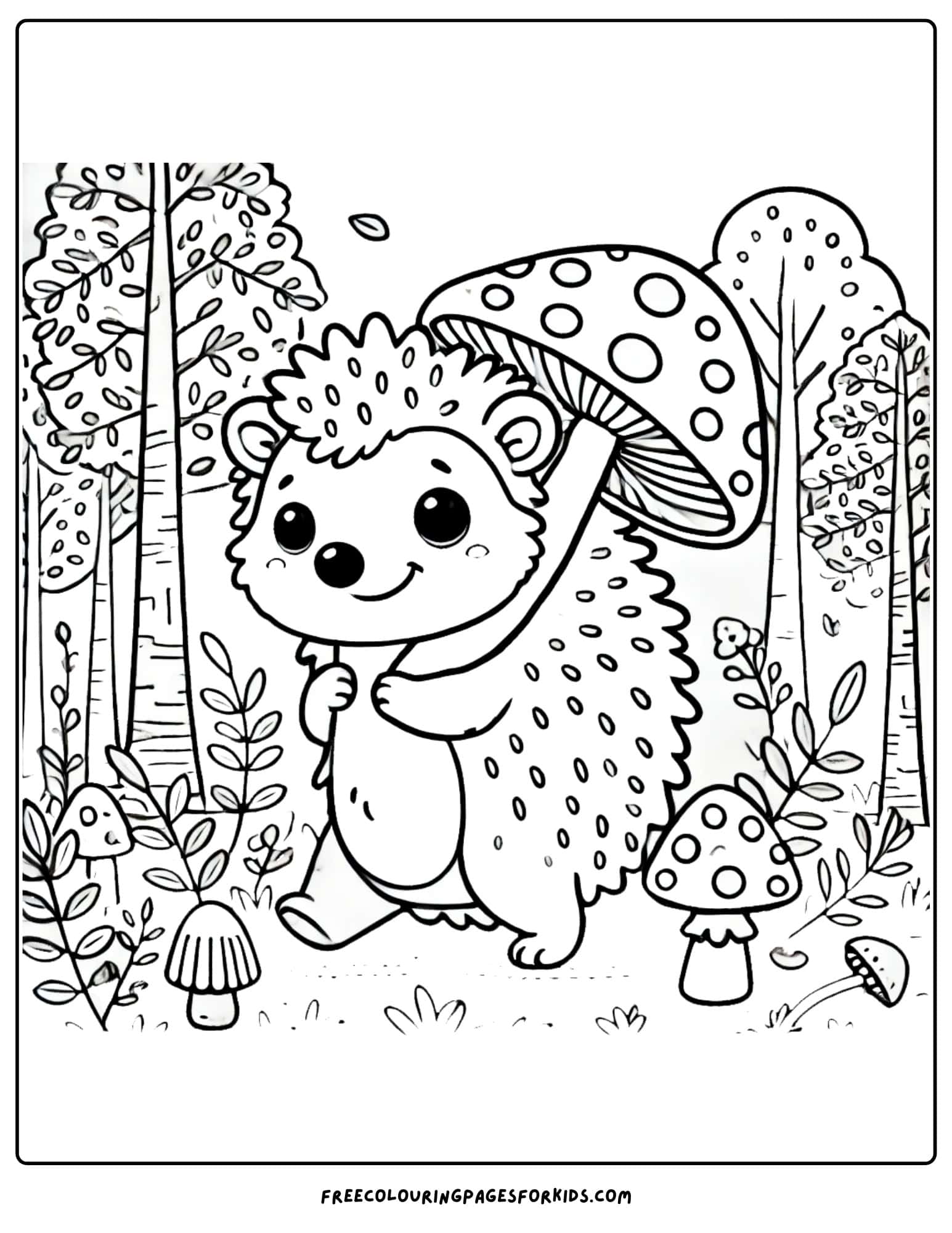 nature hedgehog with a mushroom coloring page