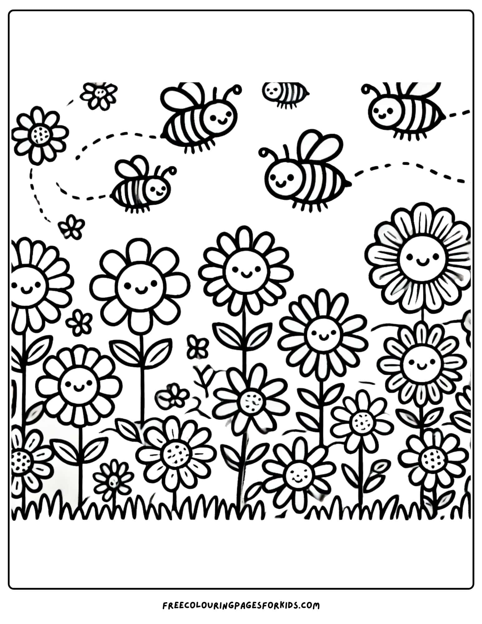 nature flower garden with bees above coloring page