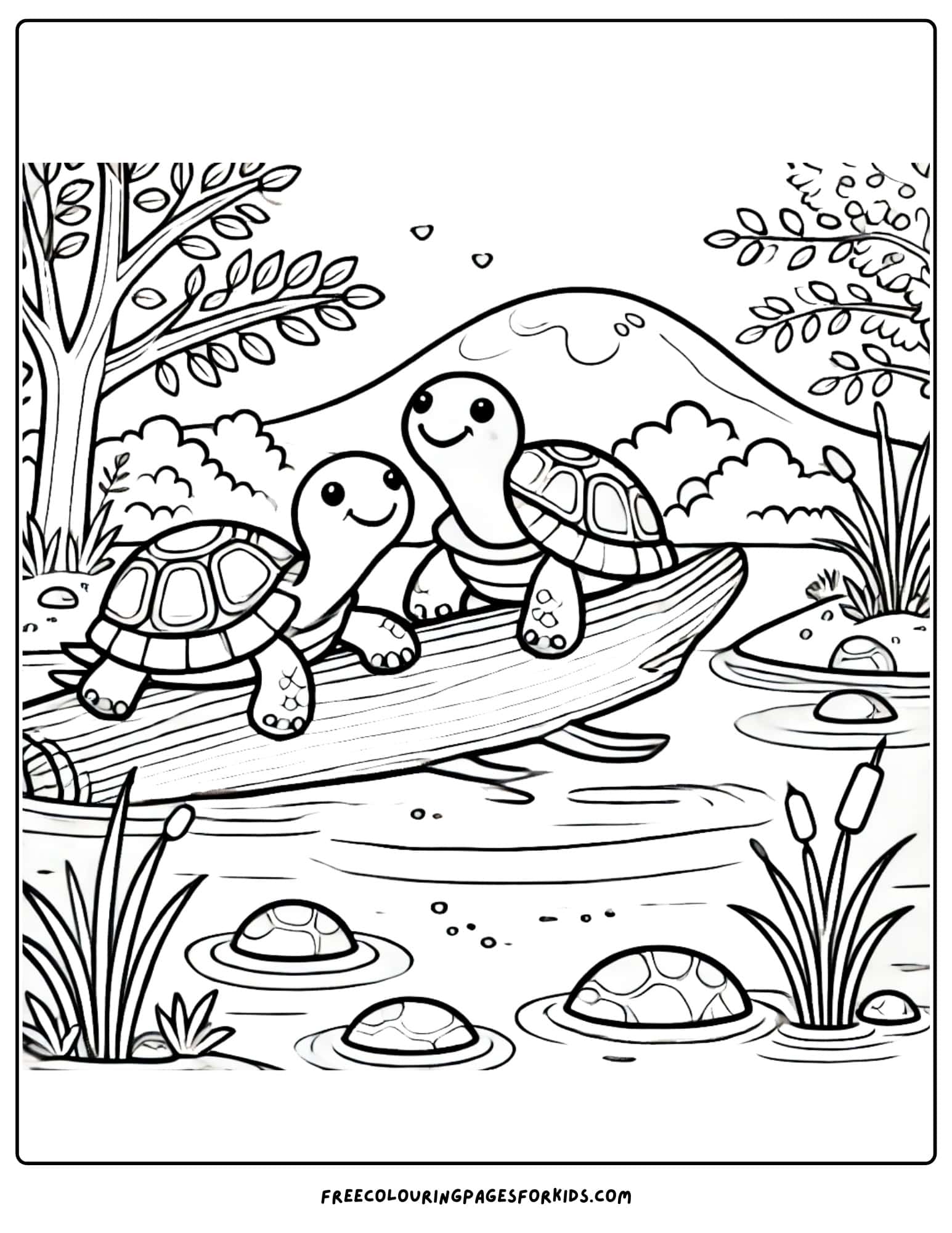 nature turtles on a log in the pond coloring page