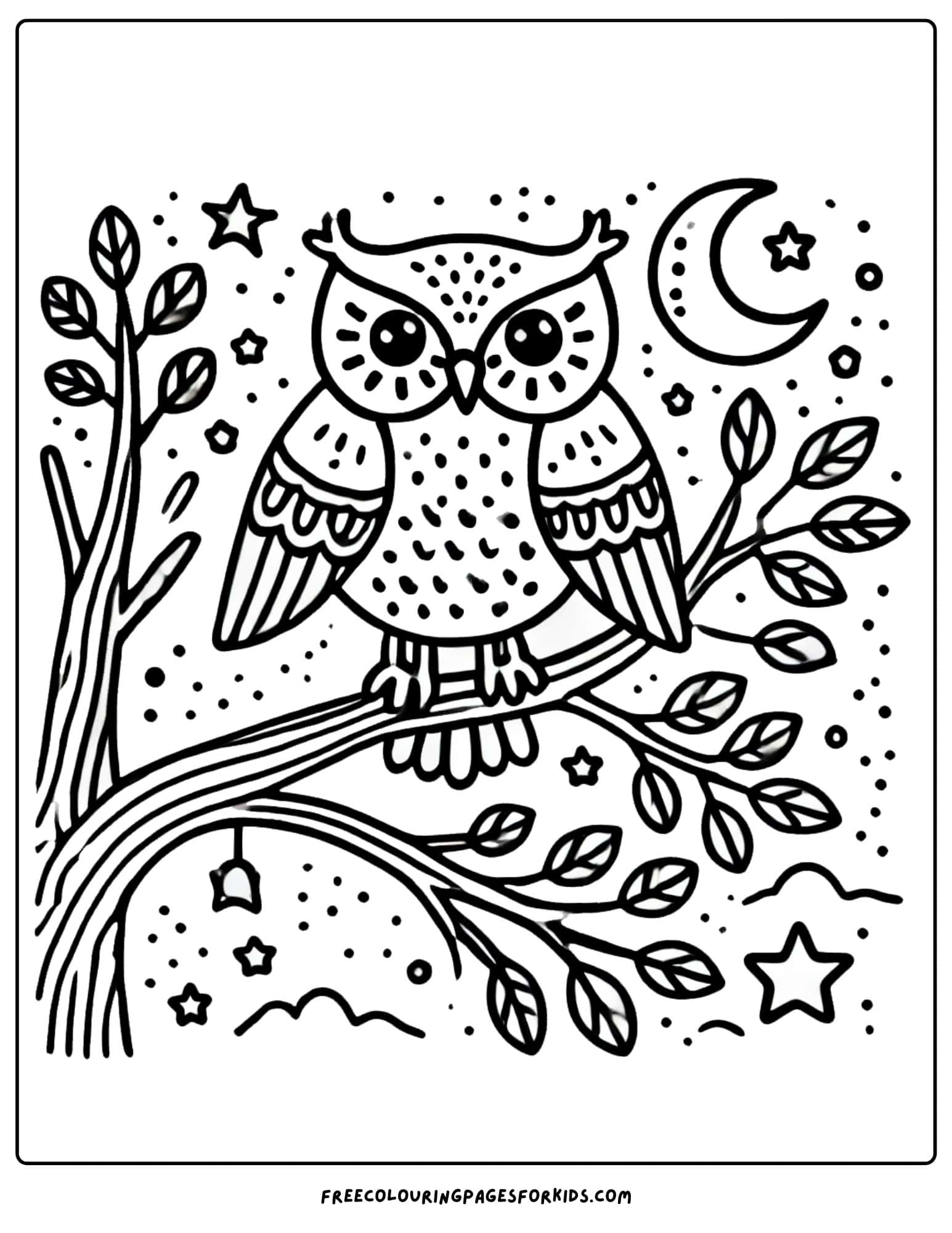 nature owl in a tree coloring page