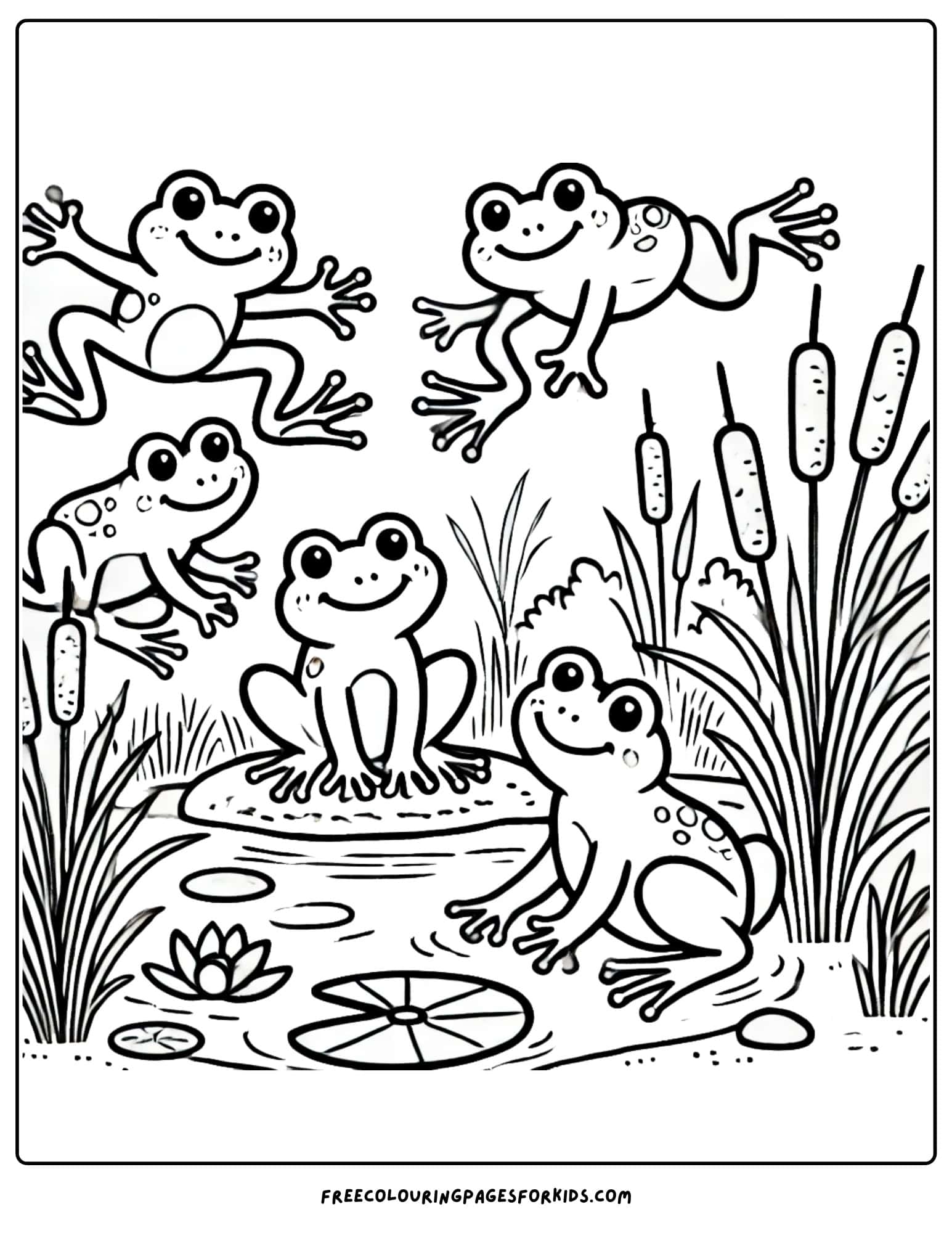 nature playful frogs in a pond coloring page