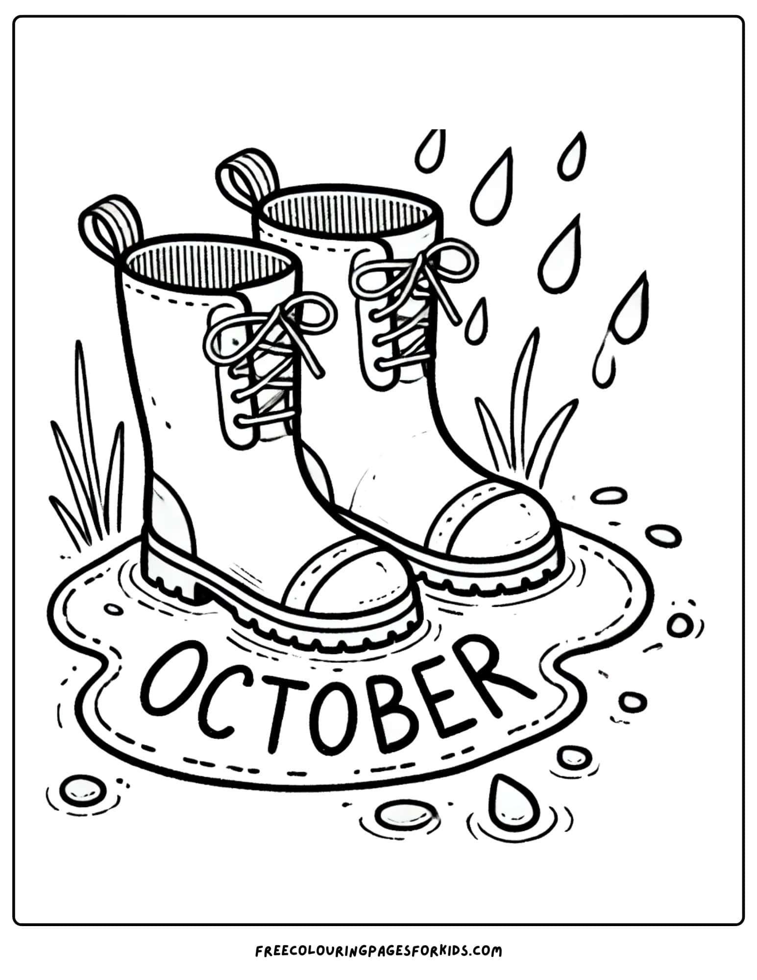 october rain boots in a puddle coloring page