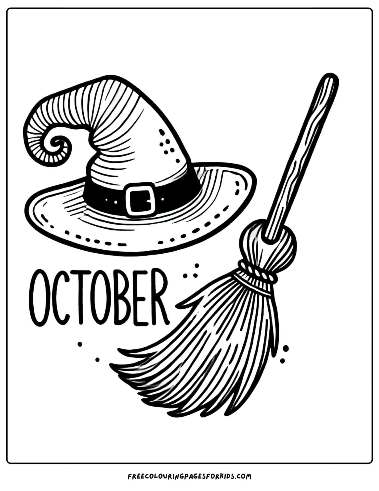 october witch's hat and broom coloring page