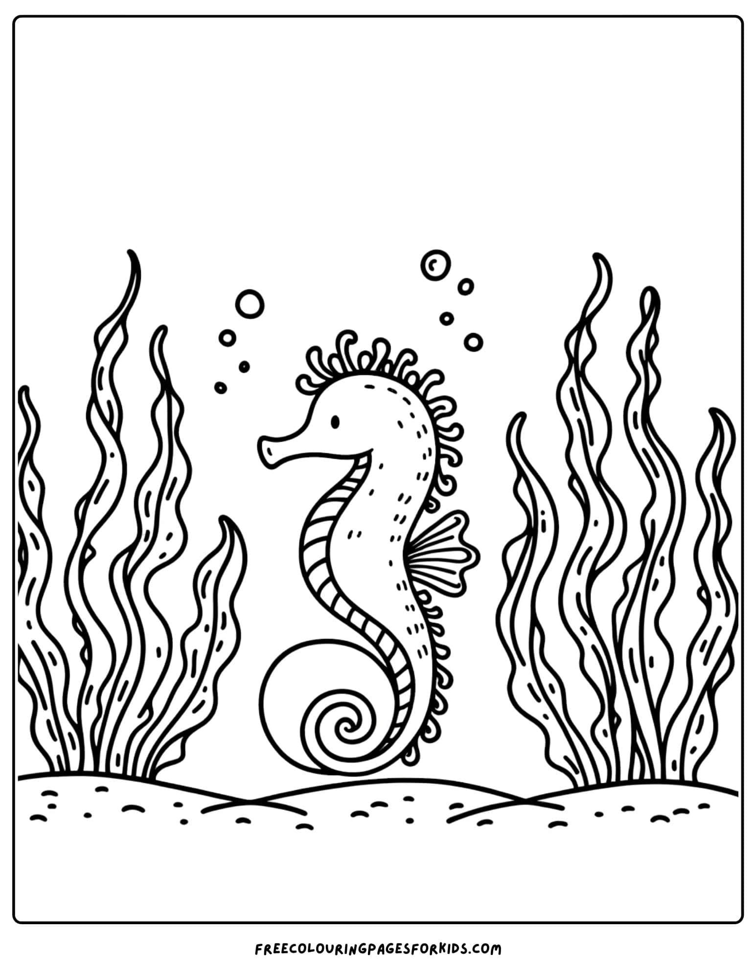 seahorse in a kelp forest coloring page