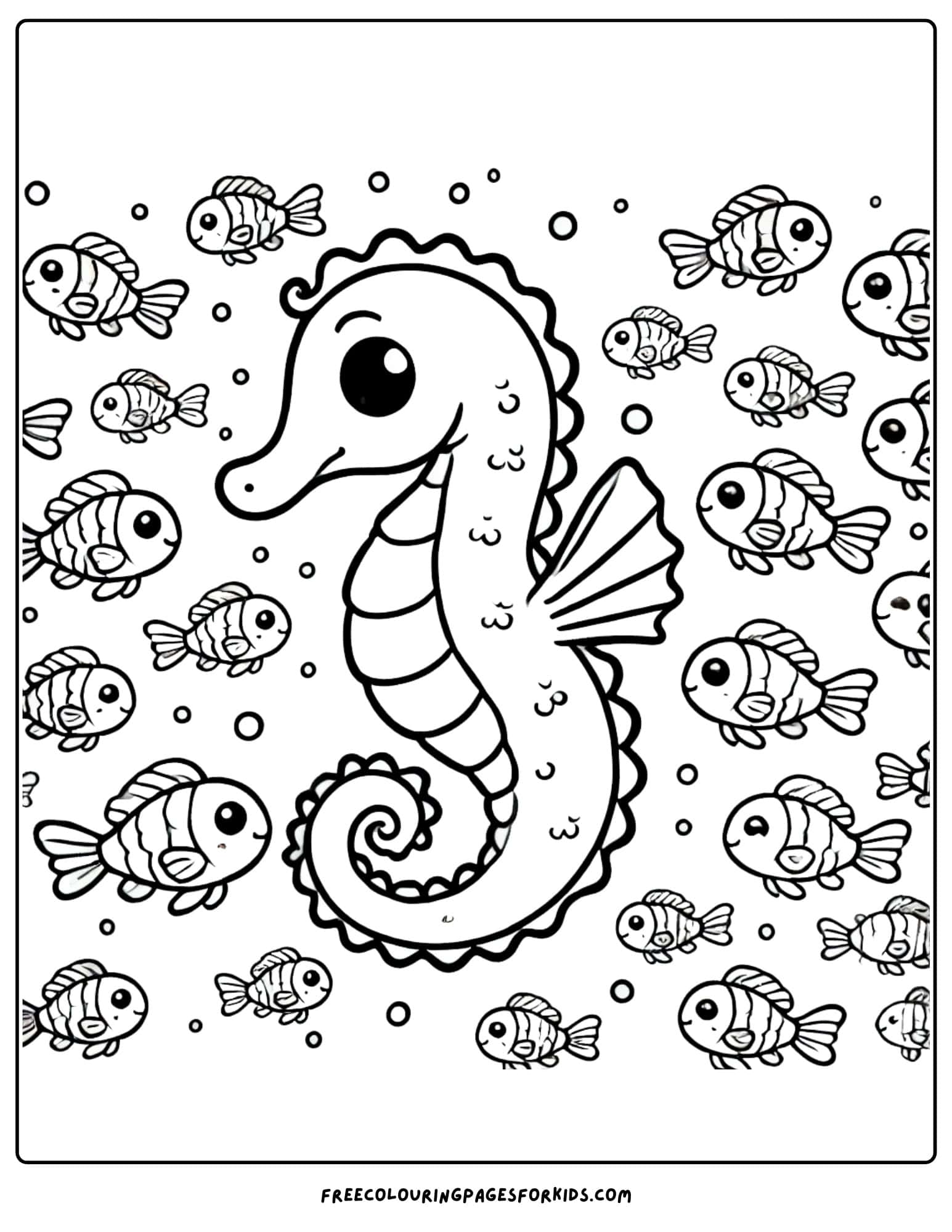 seahorse surrounded by a school of fish coloring page