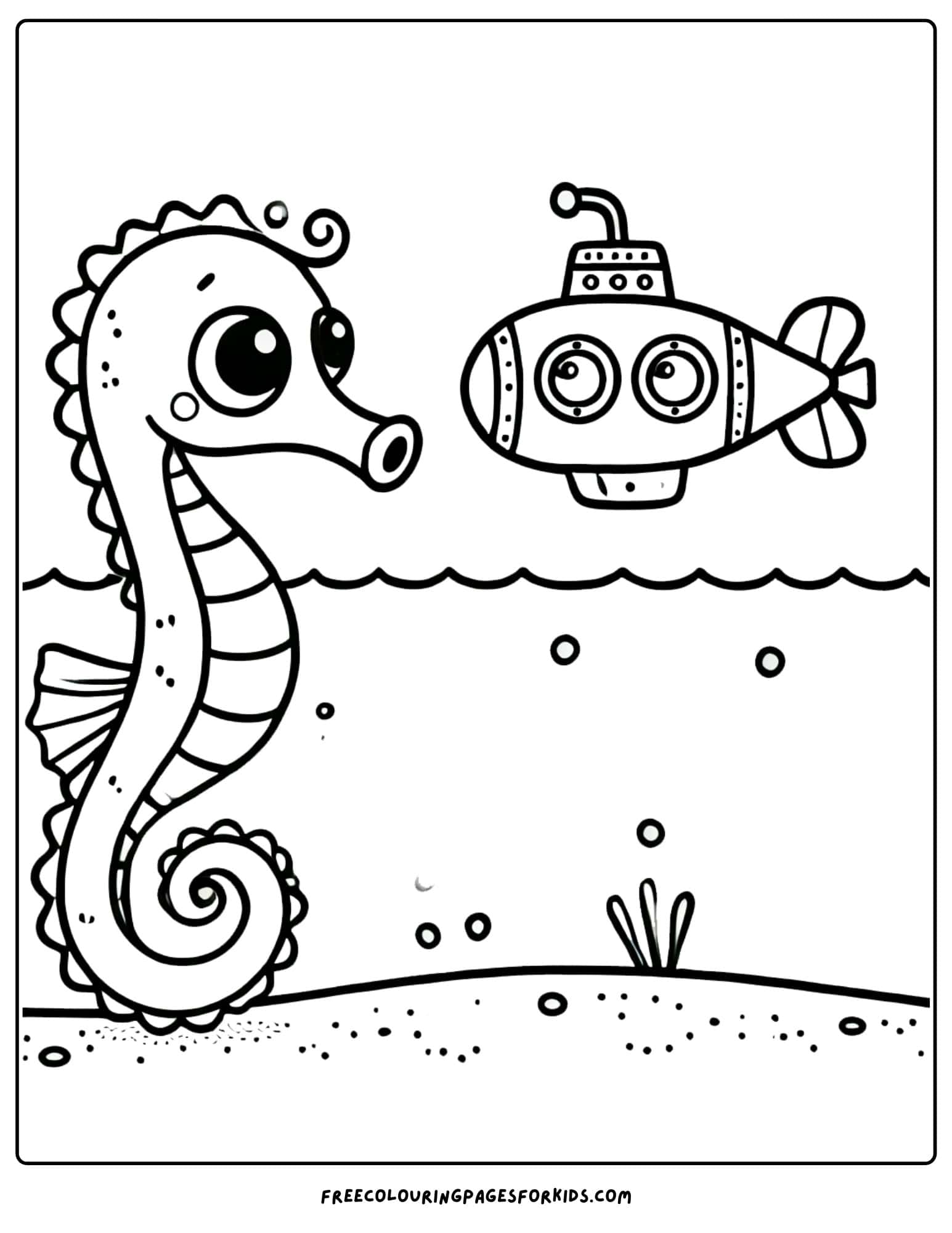 seahorse with a submarine coloring page