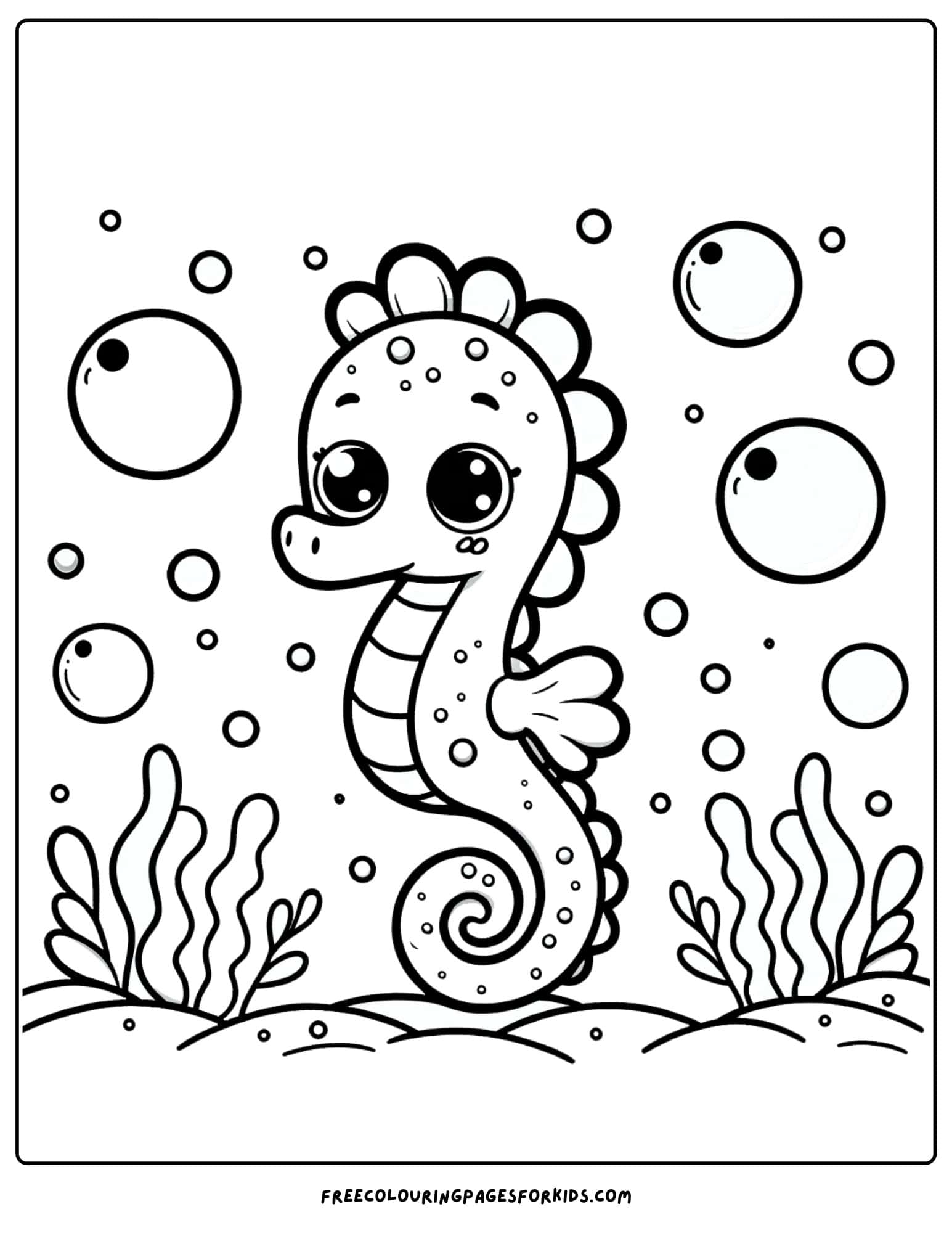 seahorse with bubbles around under the ocean coloring page