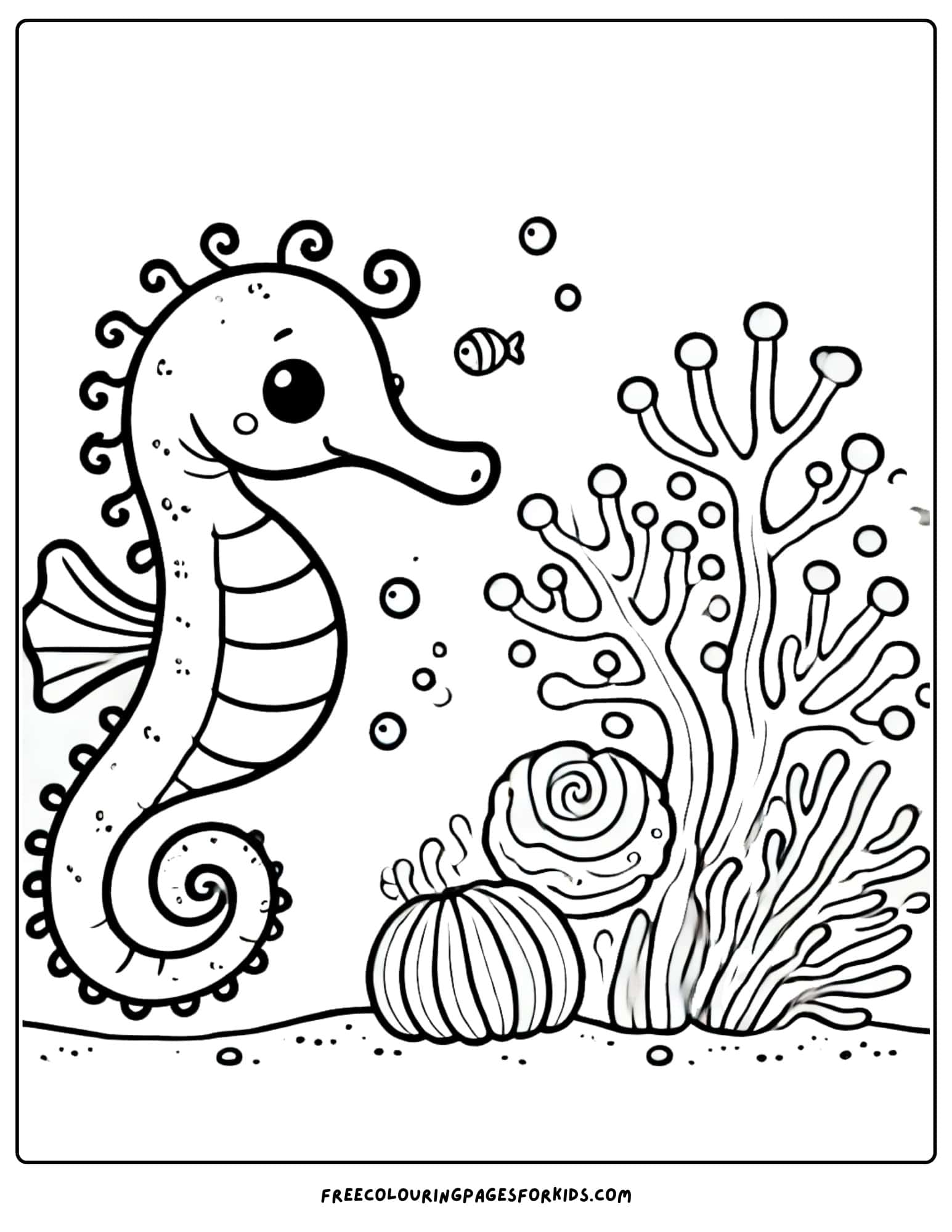 seahorse with some coral under the ocean coloring page