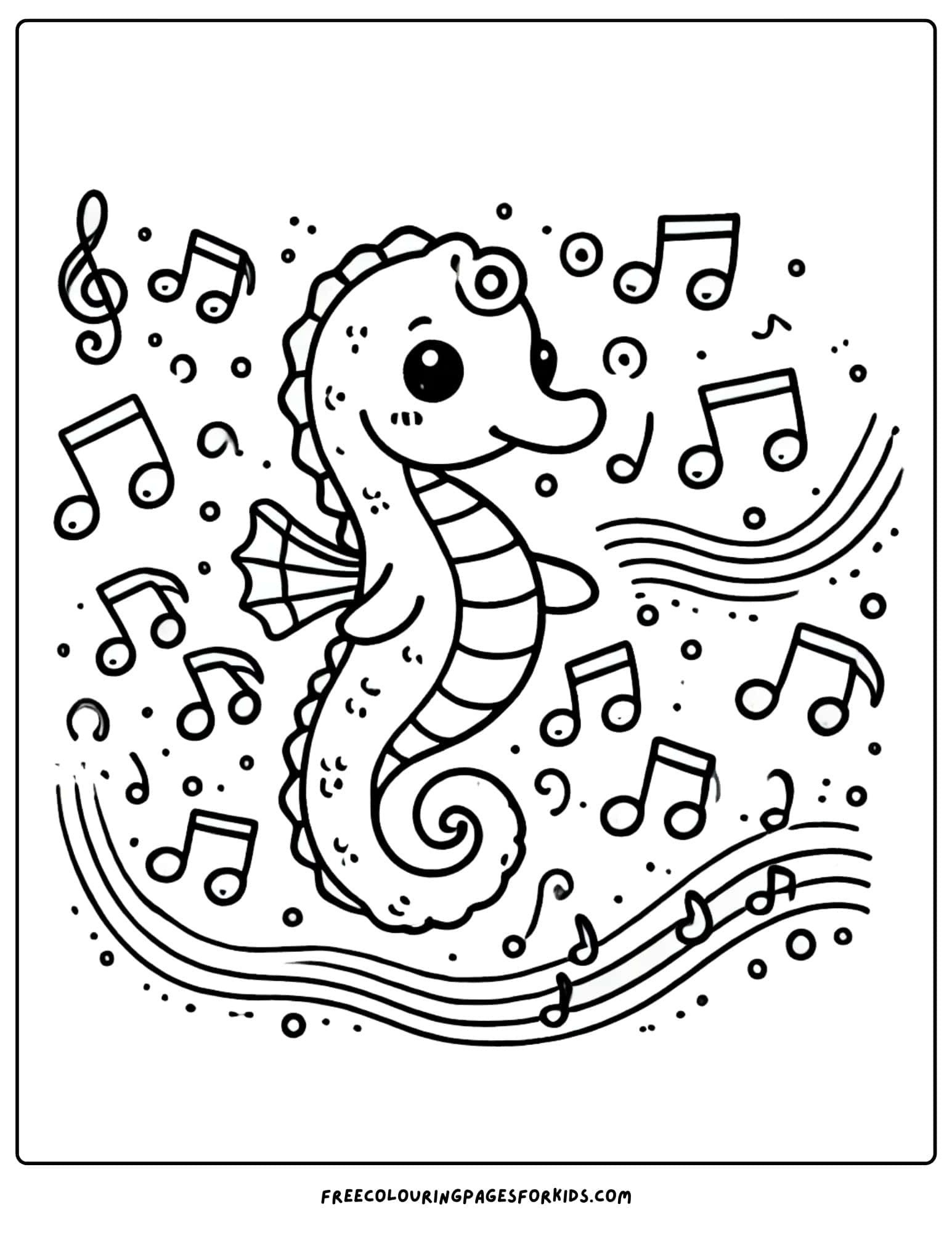 seahorse surrounded by music notes coloring page