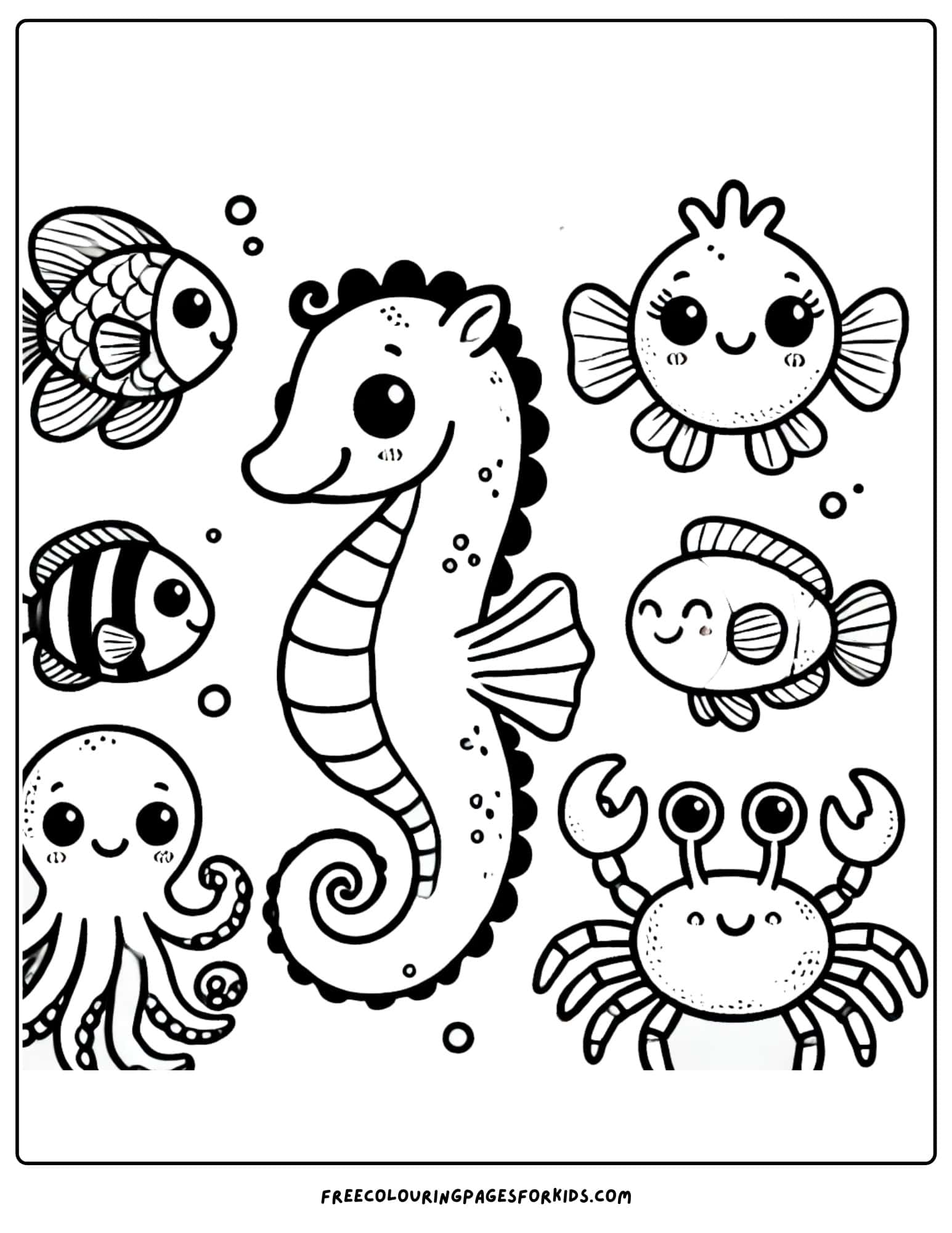 seahorse with some ocean friends coloring page