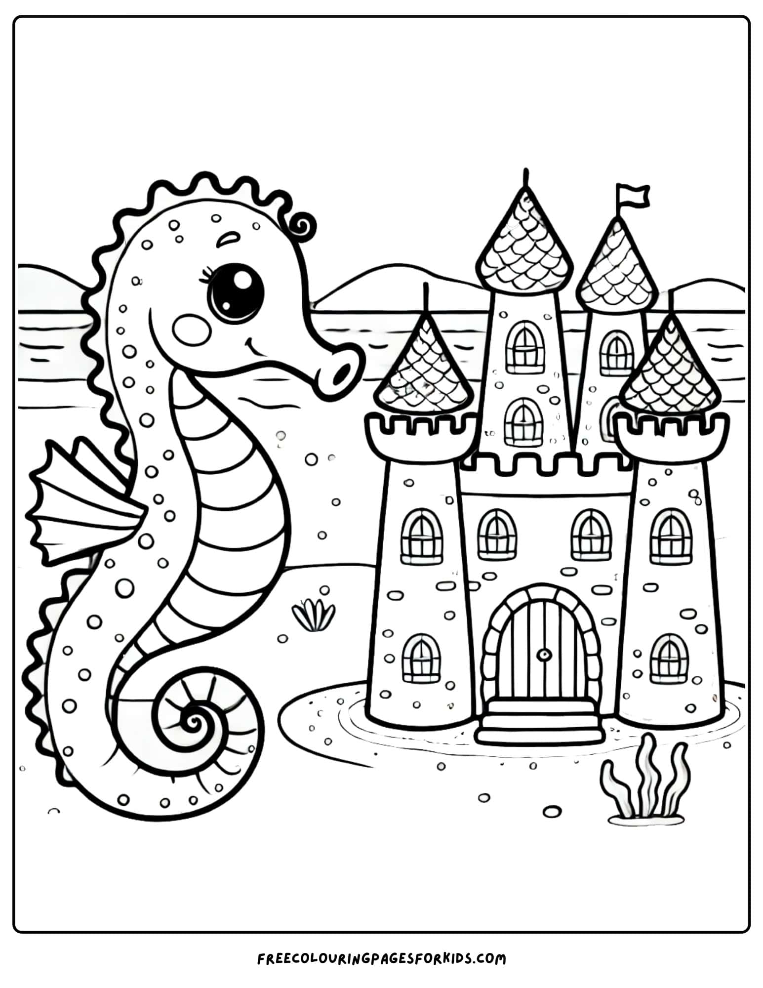 seahorse with a sandcastle coloring page