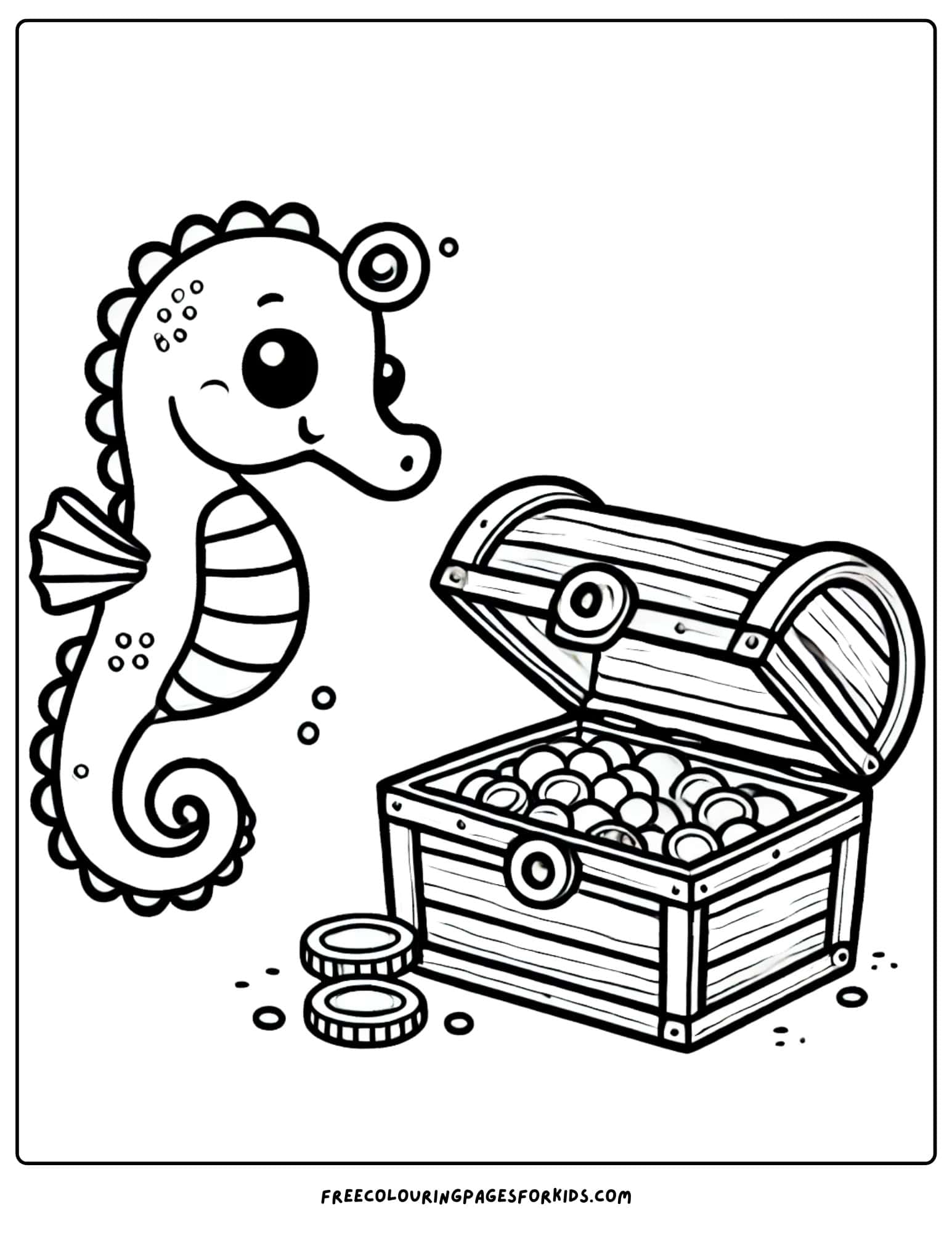 seahorse with a treasure chest coloring page