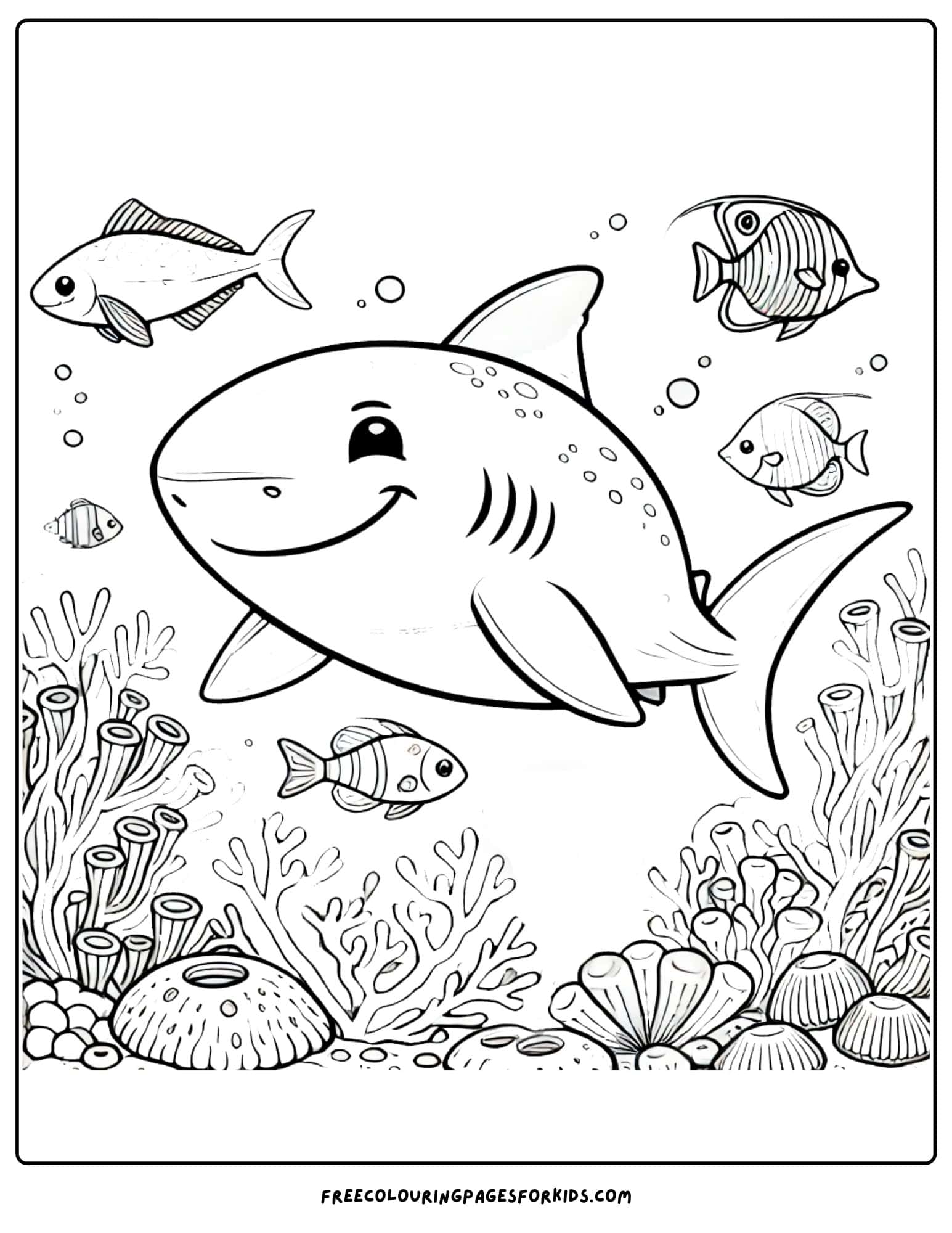 shark on a coral reef coloring page