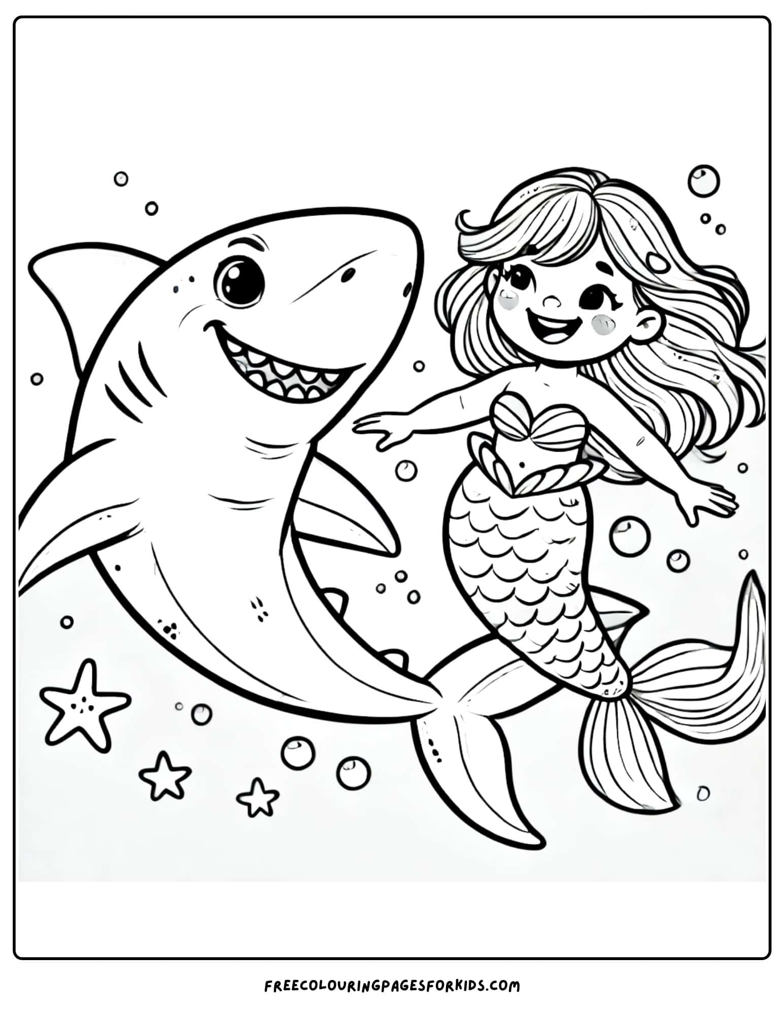 shark swimming with a mermaid coloring page