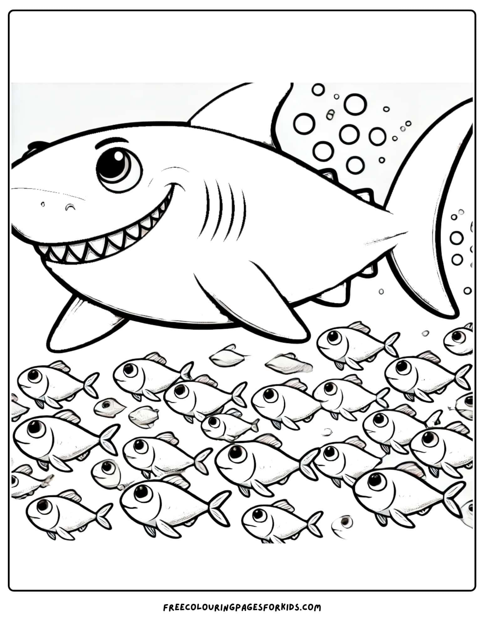 shark swimming with a school of fish coloring page