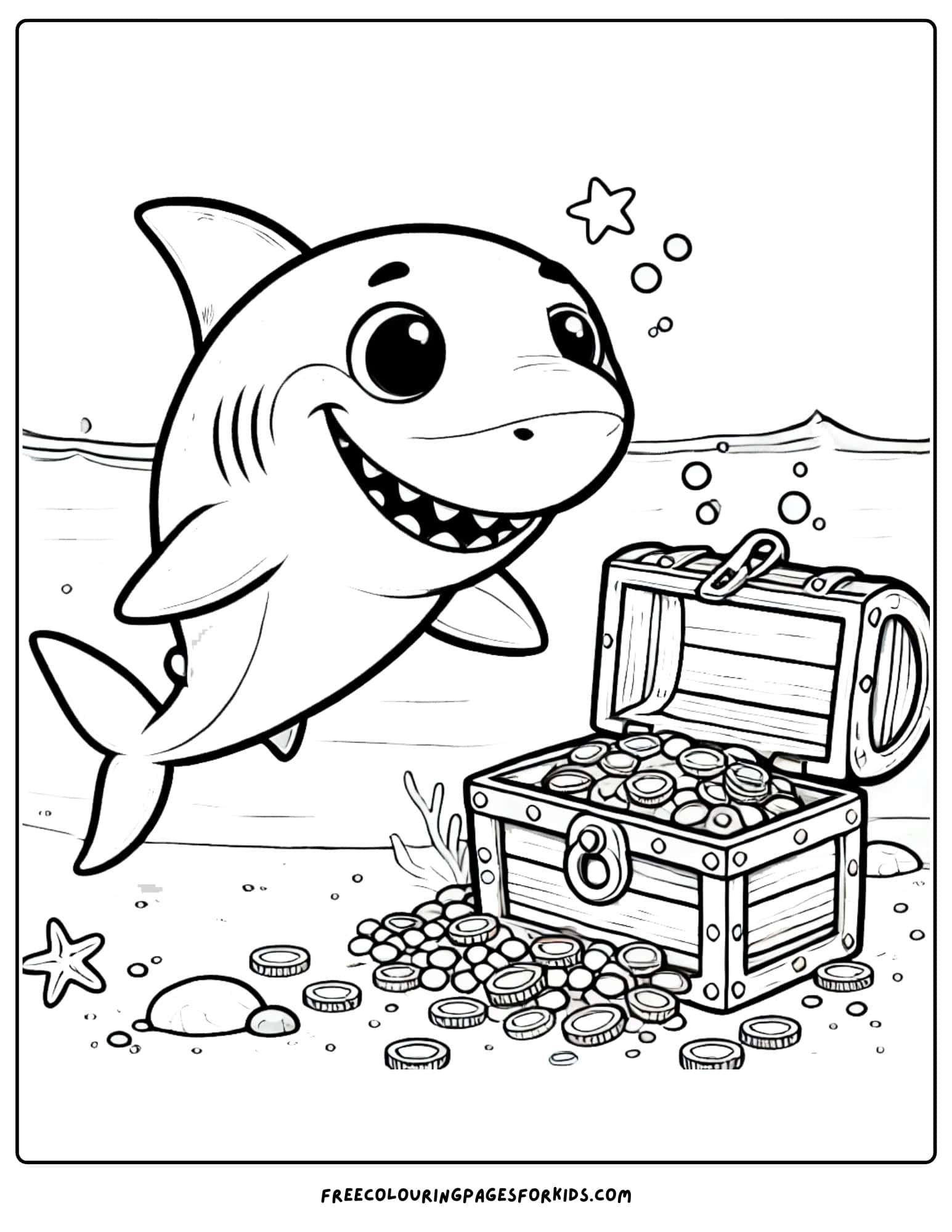 shark with a tresure chest coloring page