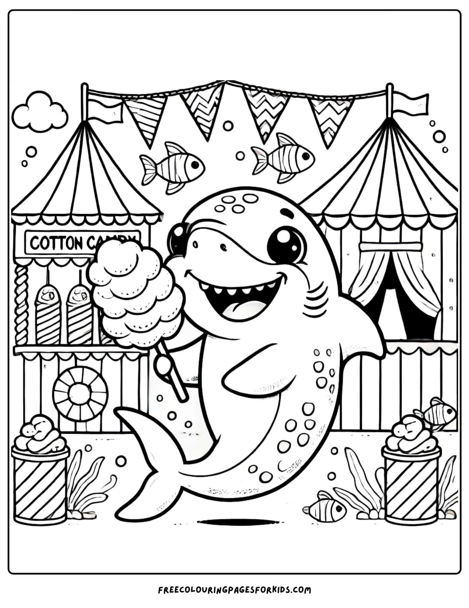 shark at a carnival eating coloring page