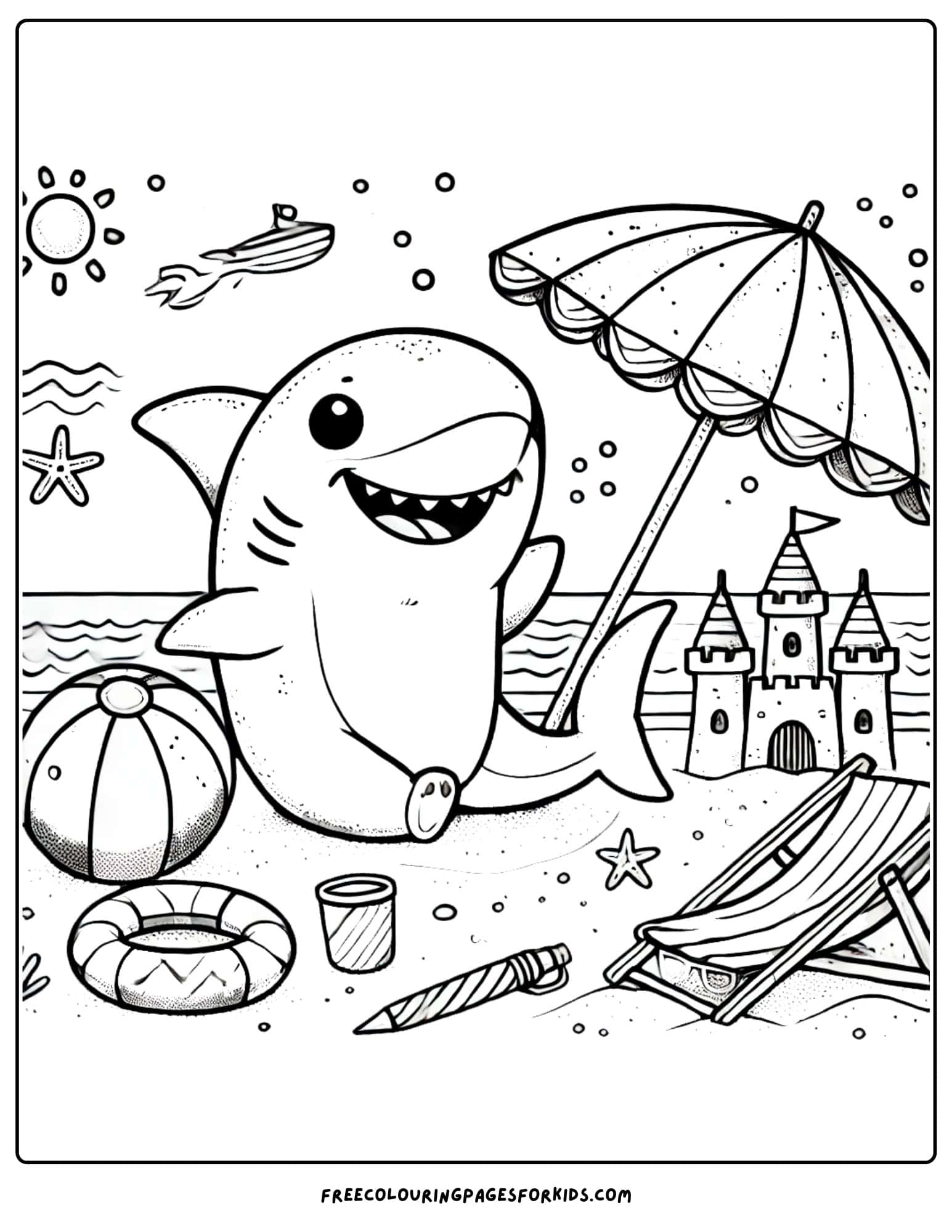 shark having a beach party on the sand coloring page