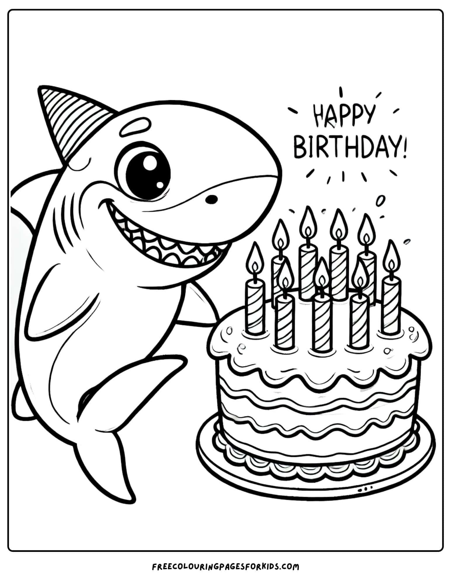 shark birthday with cake coloring page