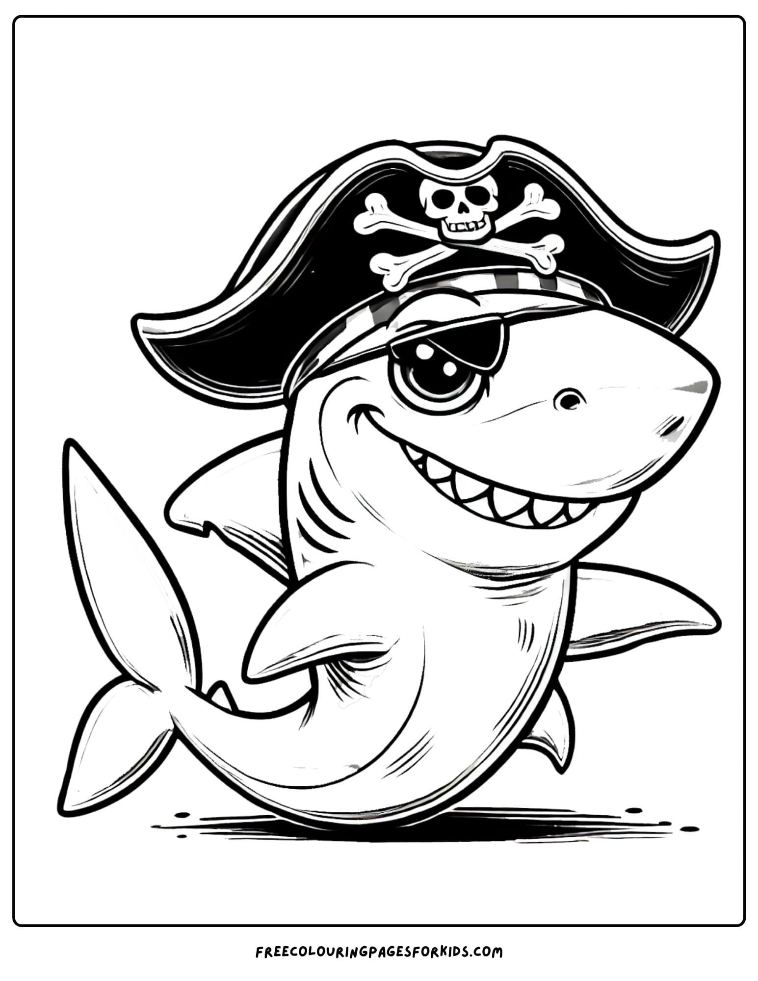 shark wearing a pirate hat coloring page