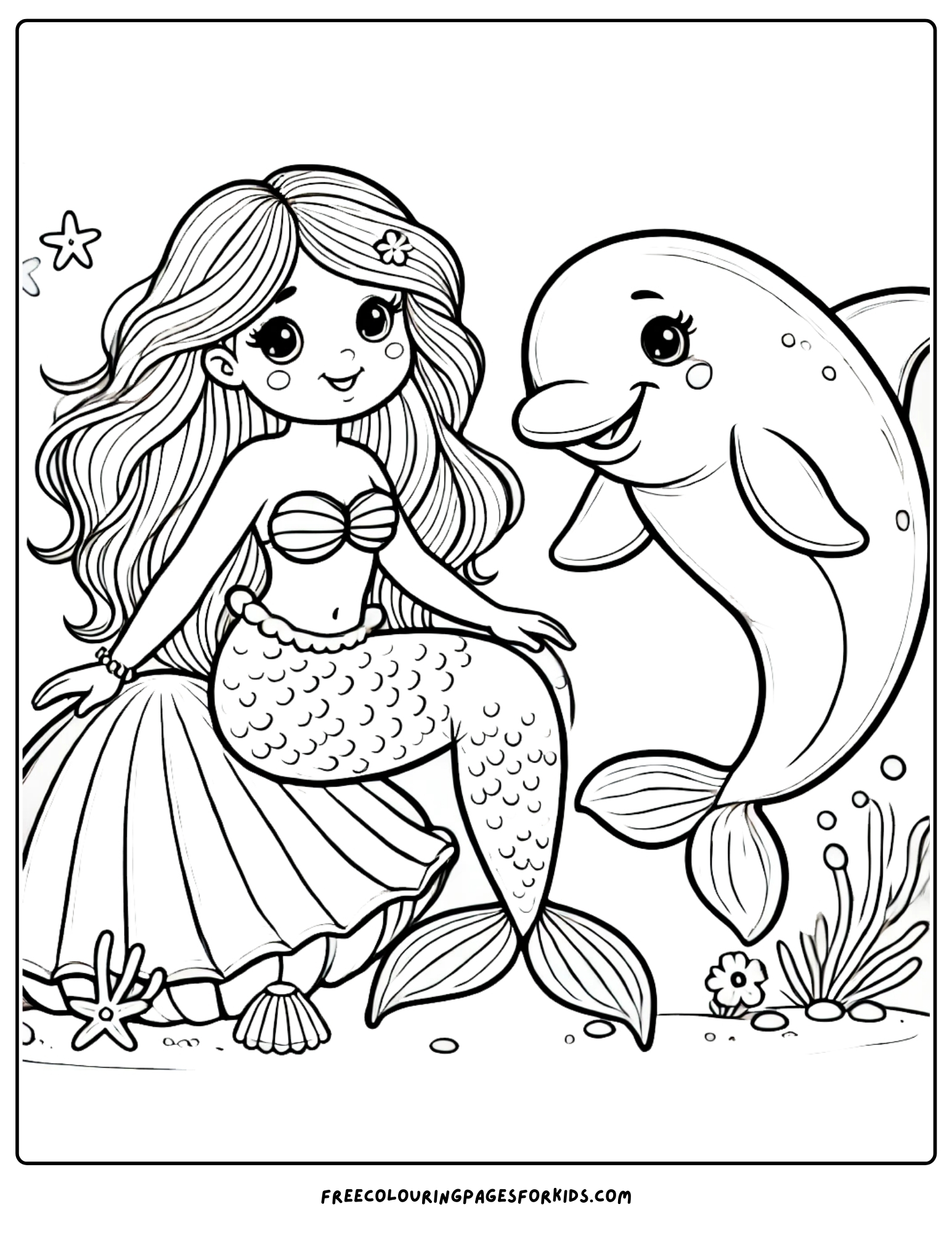 shell with mermaid and dolphin coloring page