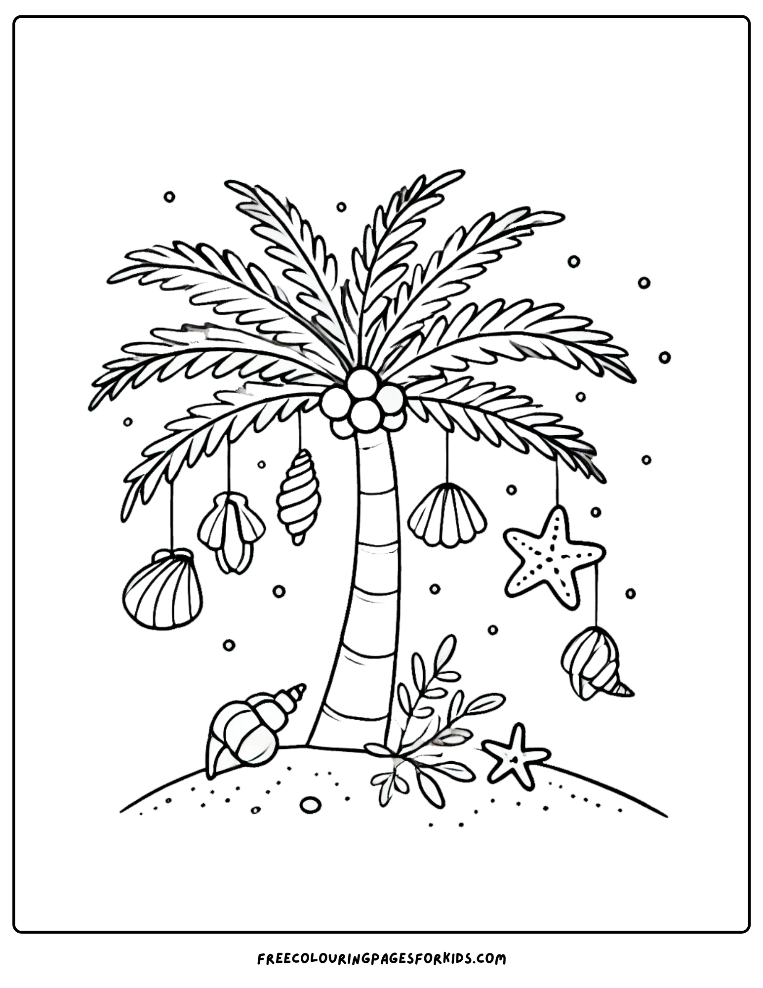 shells hanging from a palm tree coloring page