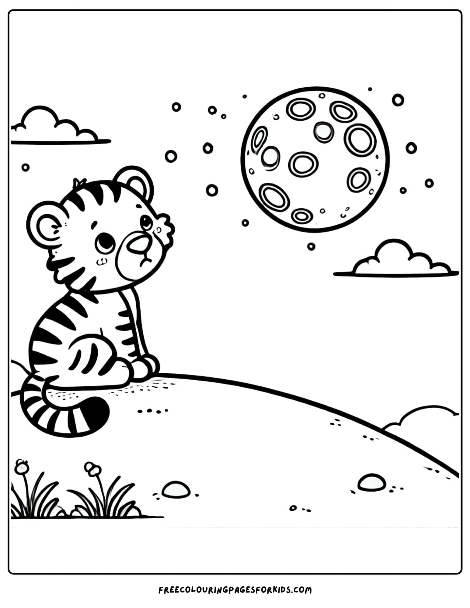 tiger looking up at the moon coloring page