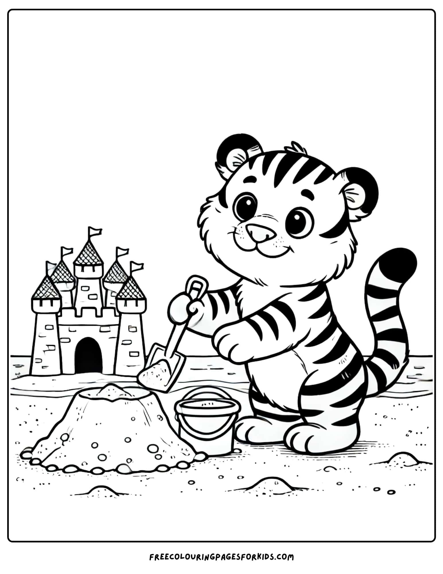 tiger making a sandcastle at the beach coloring page