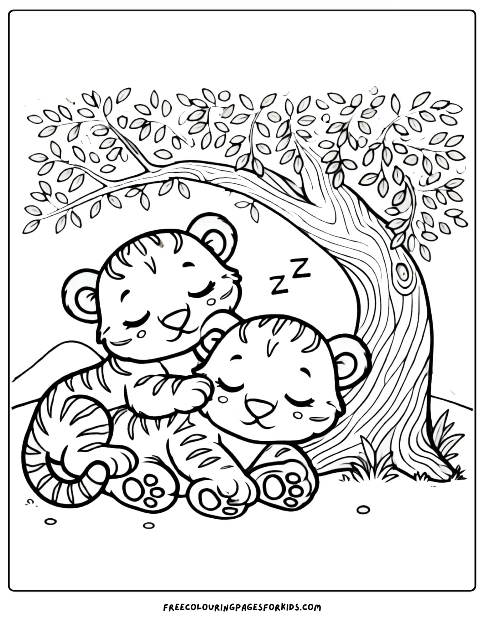 tiger cubs sleeping under a tree coloring page