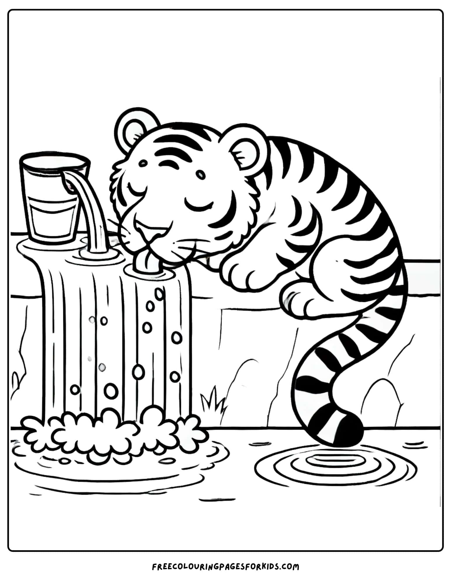 tiger drinking from a waterfall coloring page