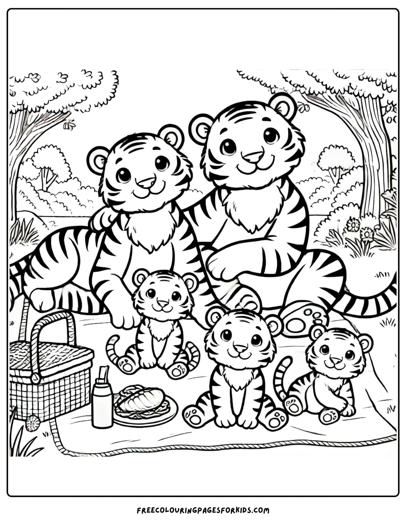 tiger family having a picnic coloring page