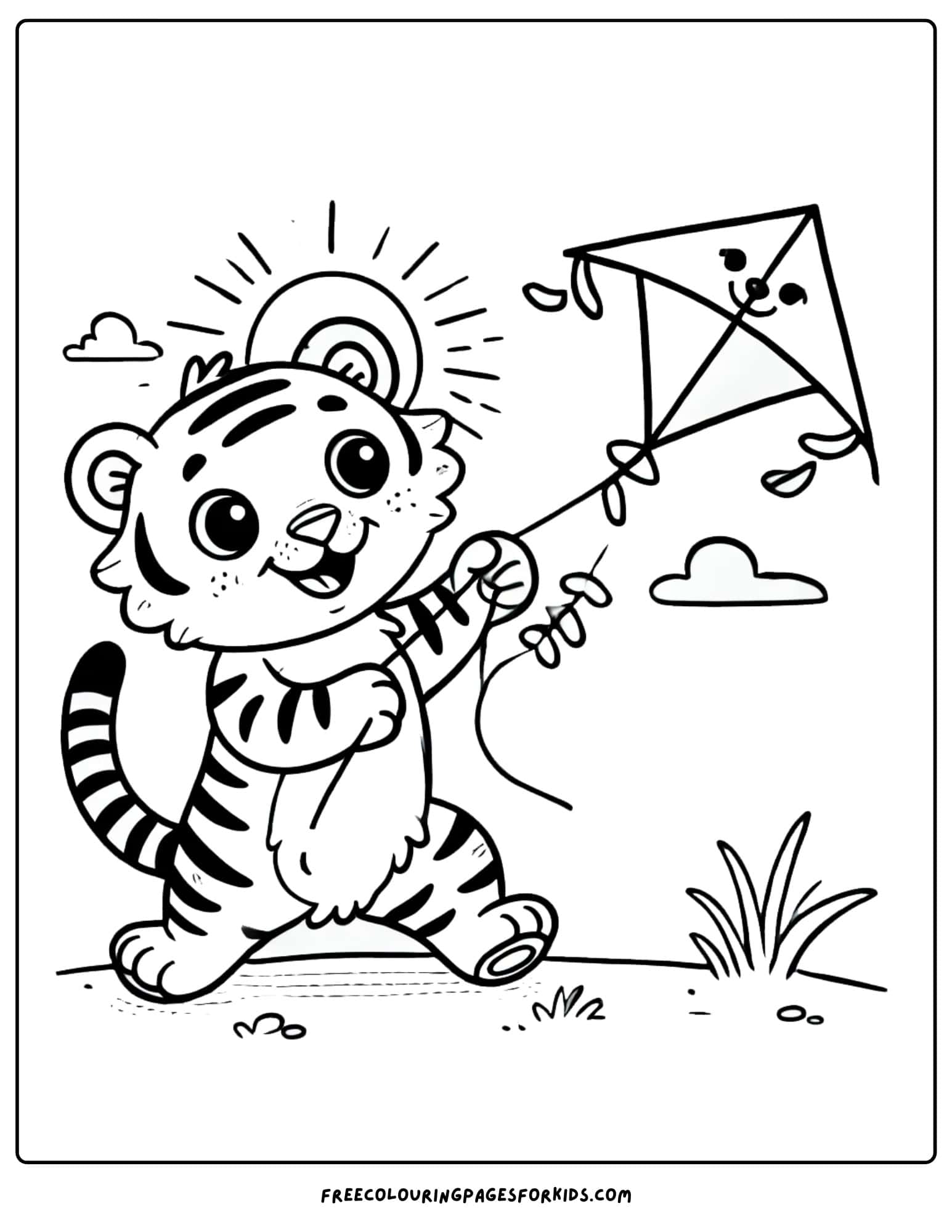 tiger flying a kite coloring page