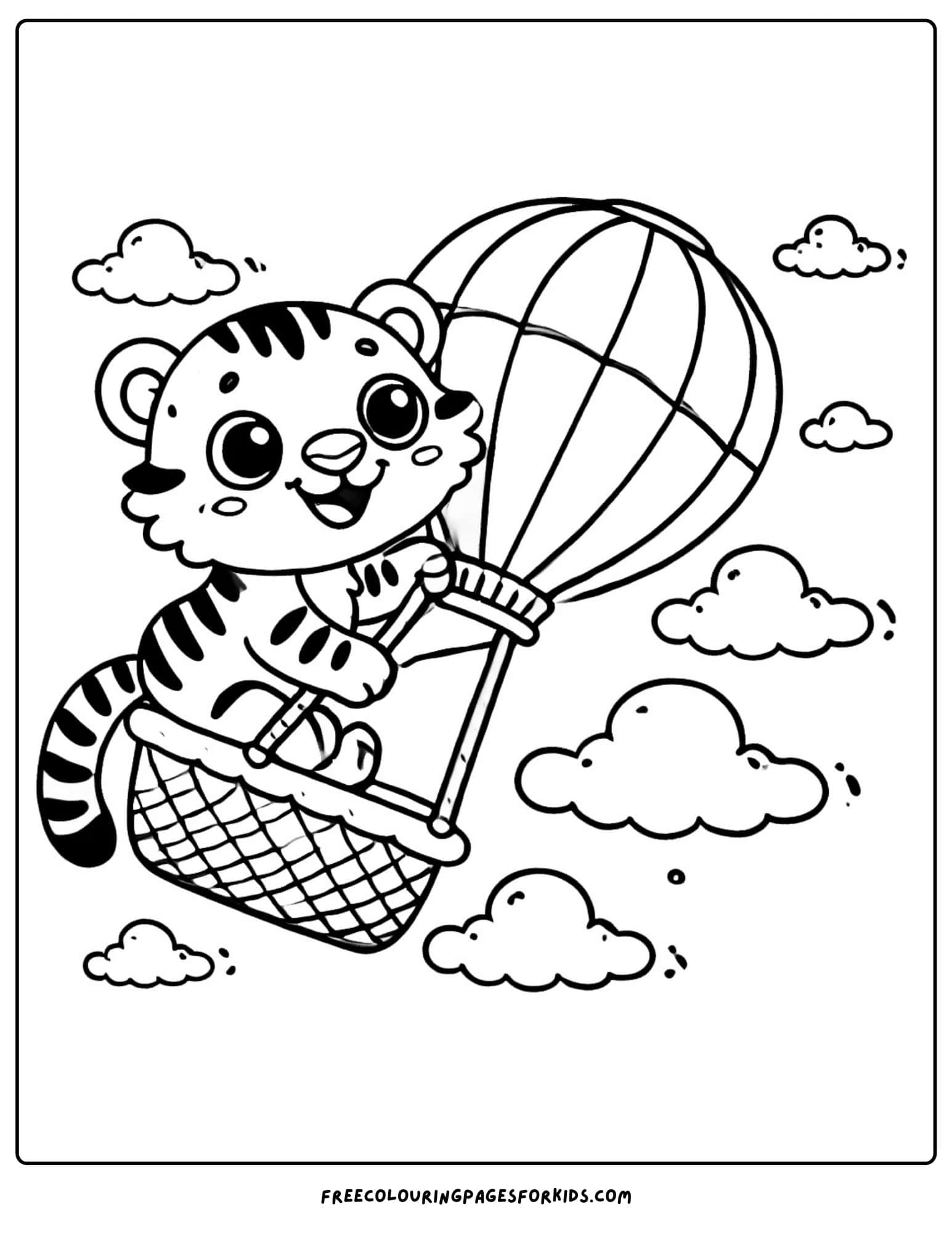 tiger riding in a hot air balloon coloring page