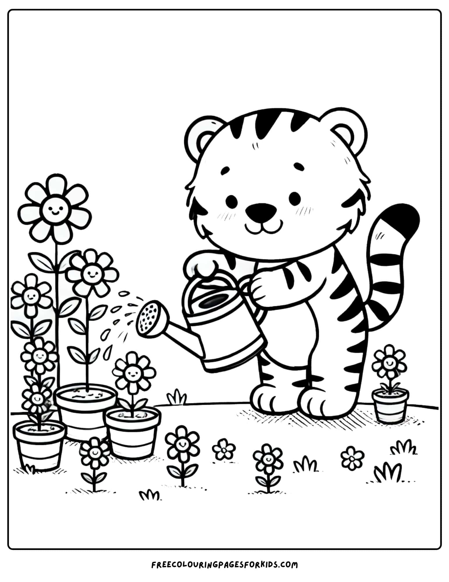 tiger watering plants in the garden coloring page