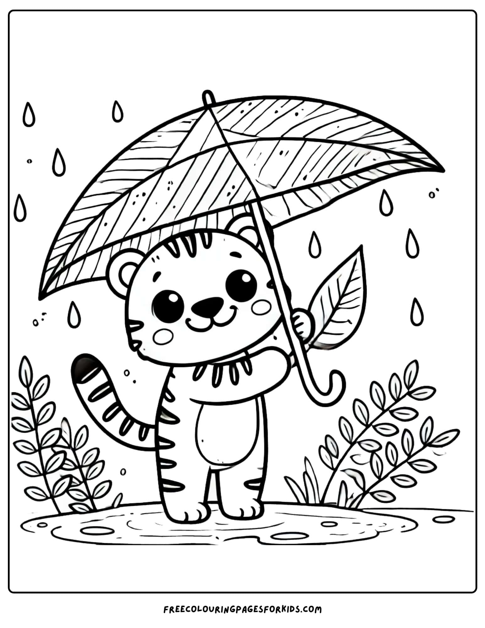 tiger holding an umbrella in the rain coloring page