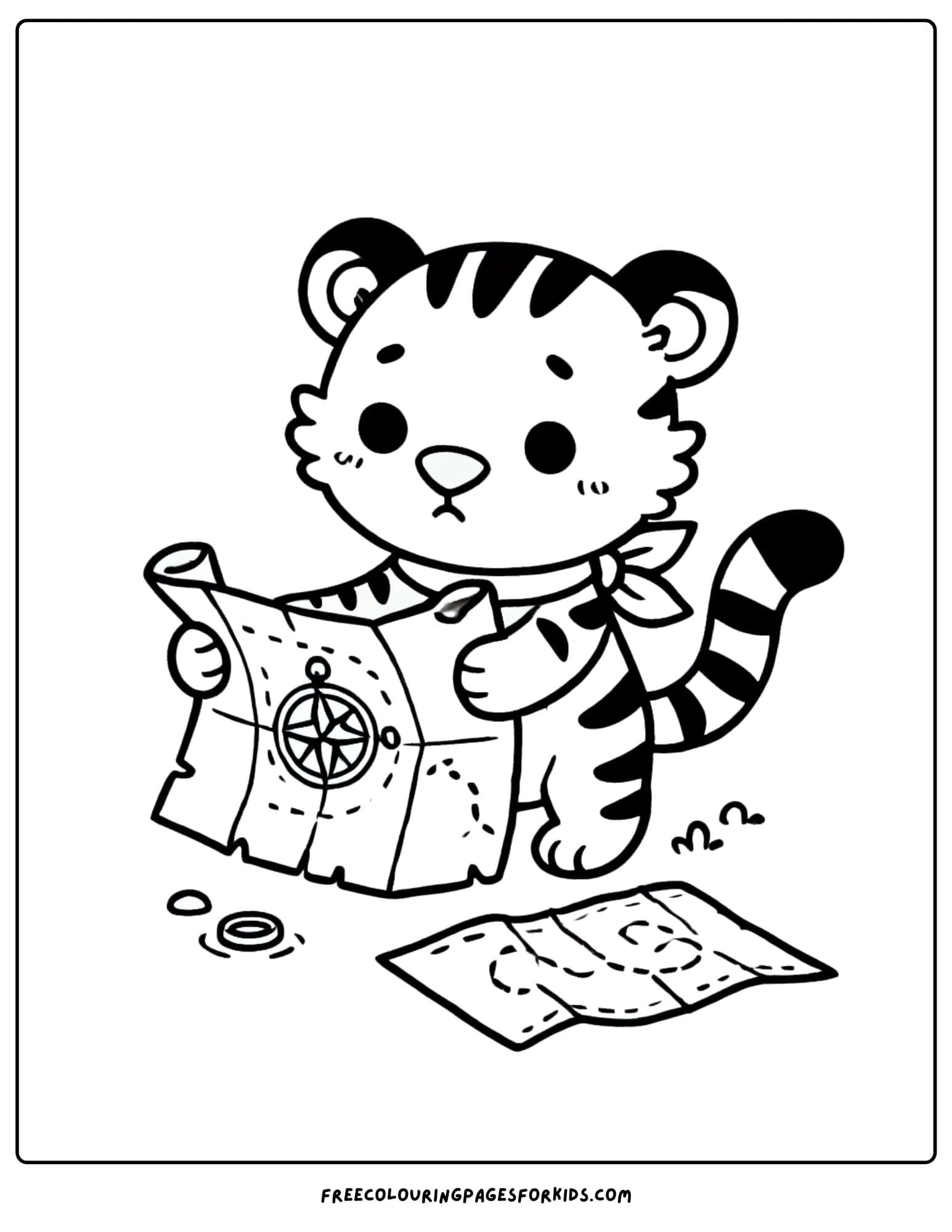 tiger on a treasure hunt coloring page