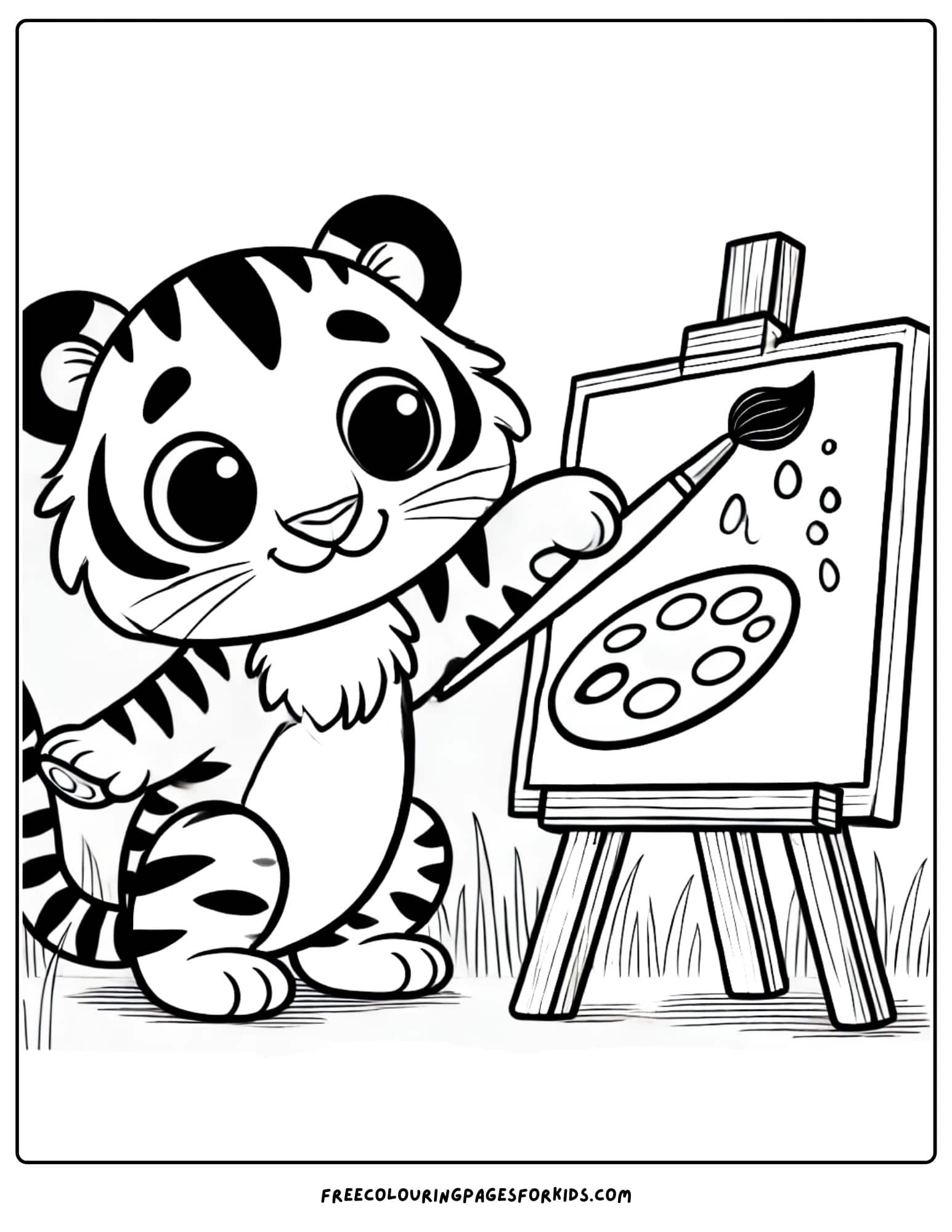 tiger painting on an easel coloring page