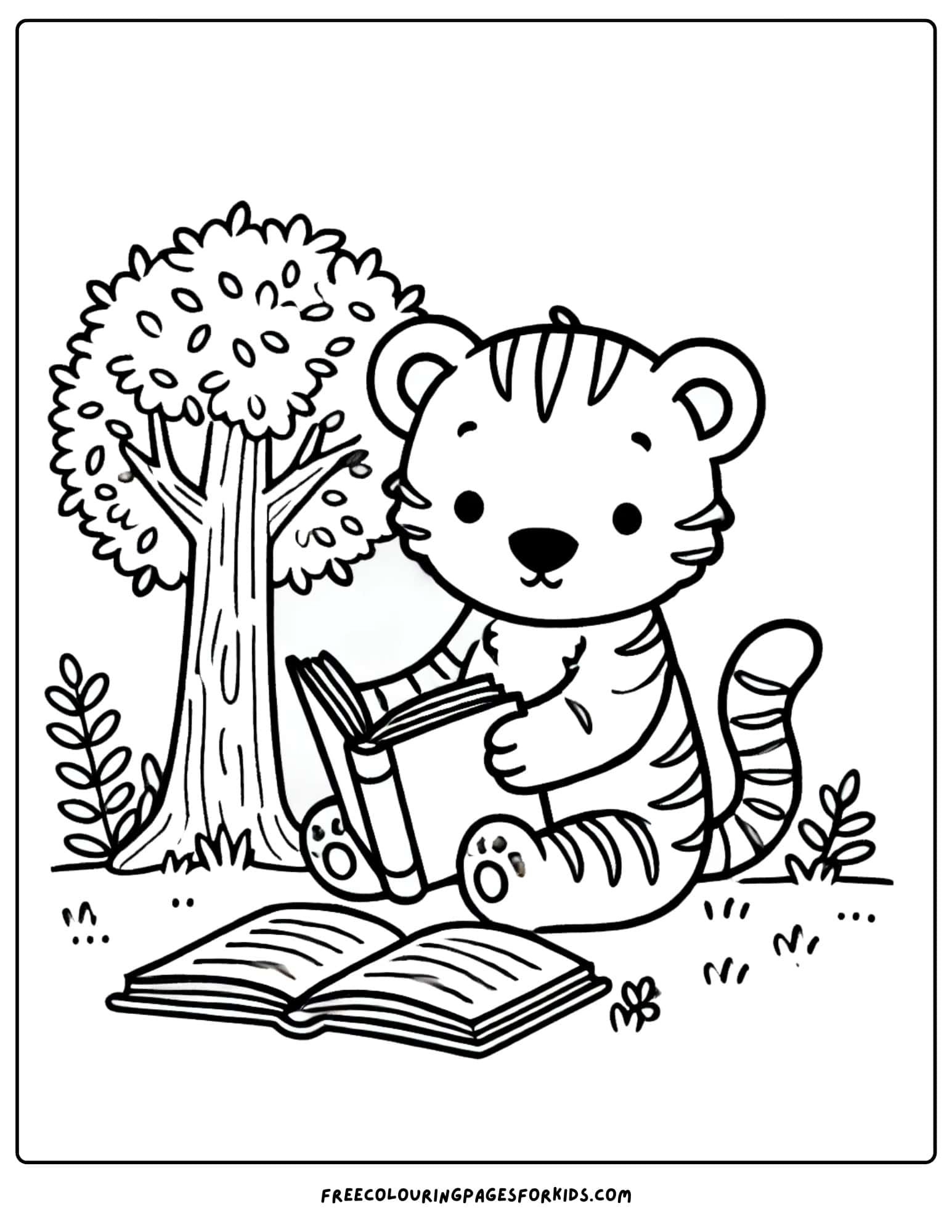 tiger reading a book under a tree coloring page