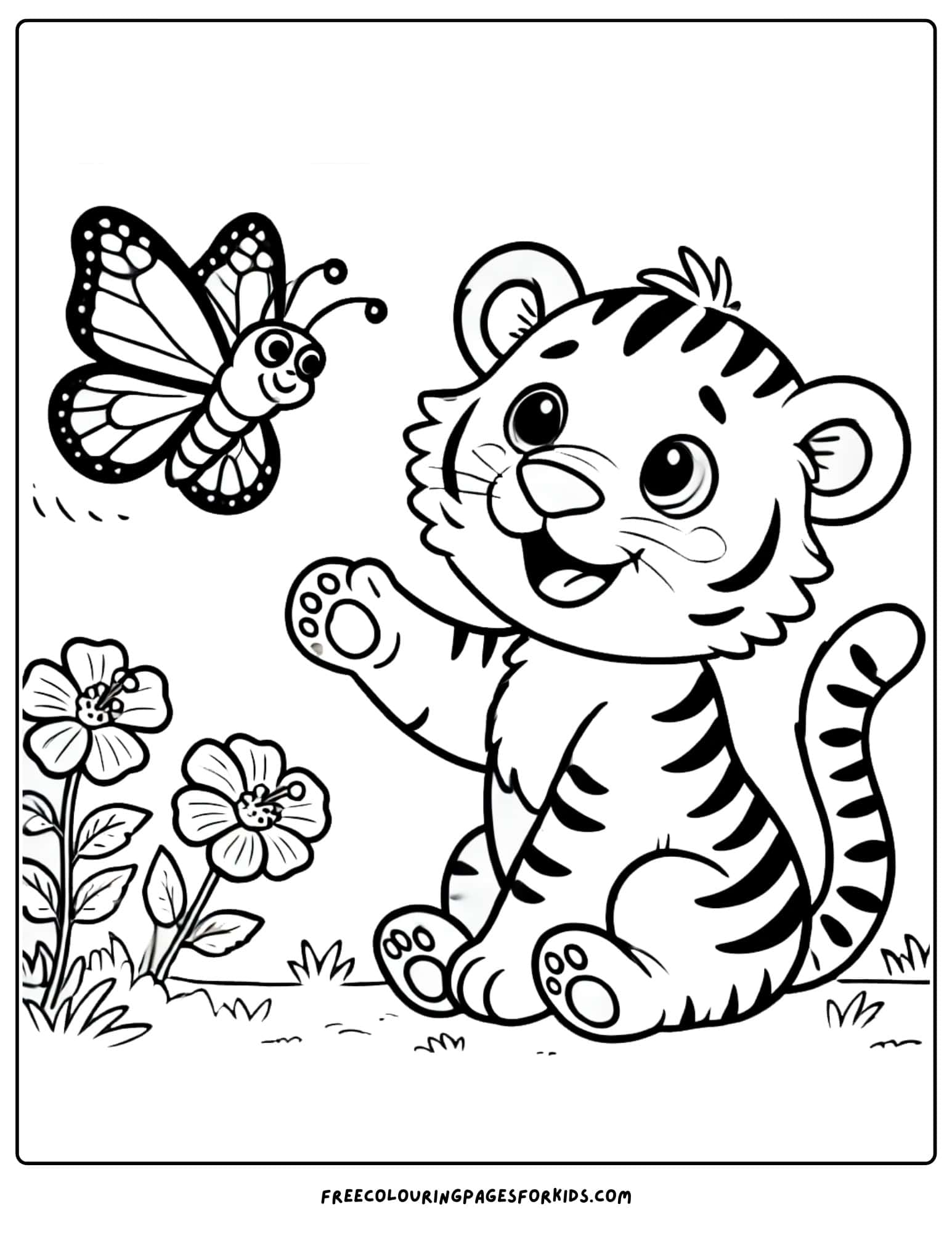 tiger with a butterfly coloring page