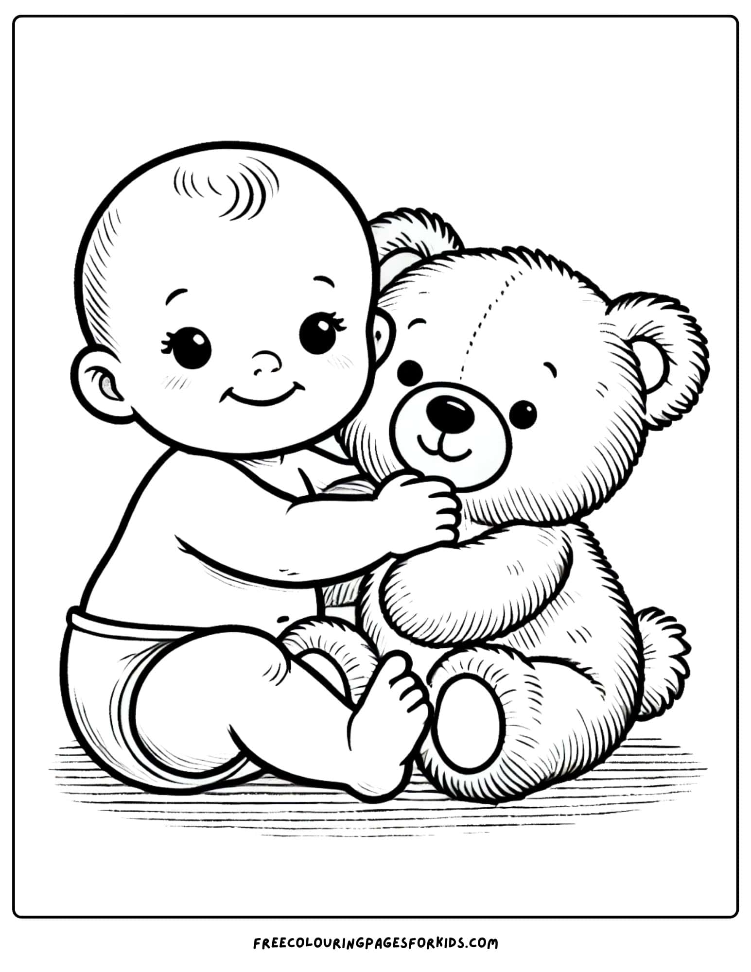 baby cuddling a teddy bear coloring page