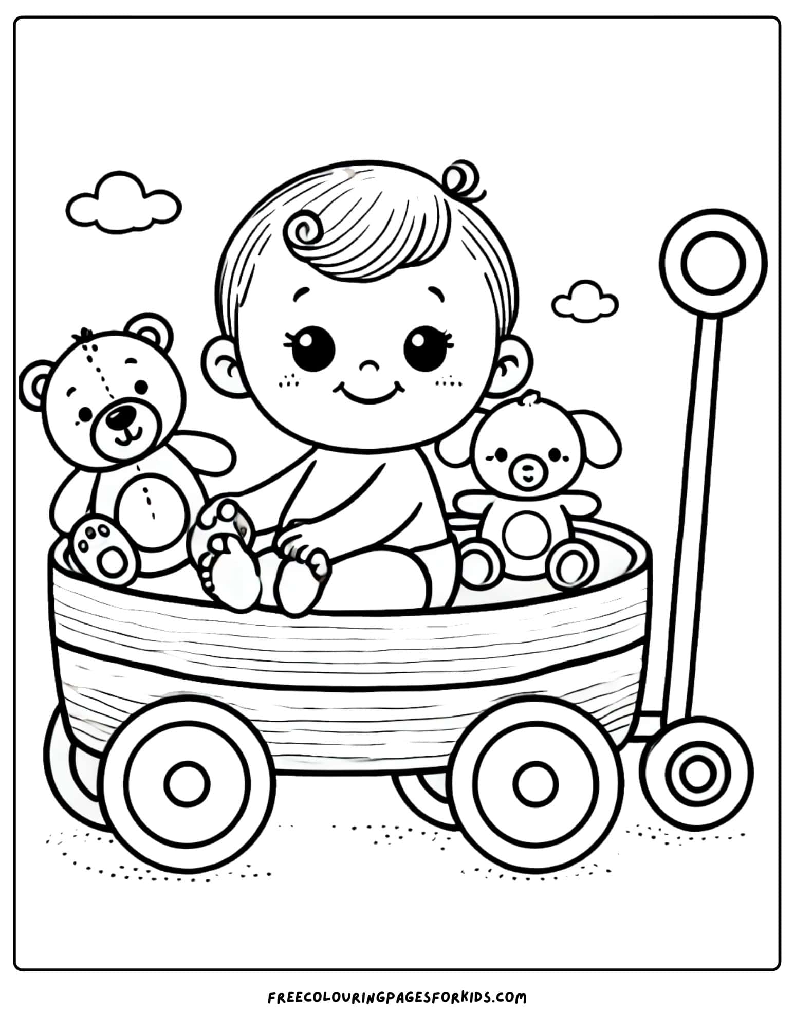 baby sitting in a wagon with teddy bears coloring page