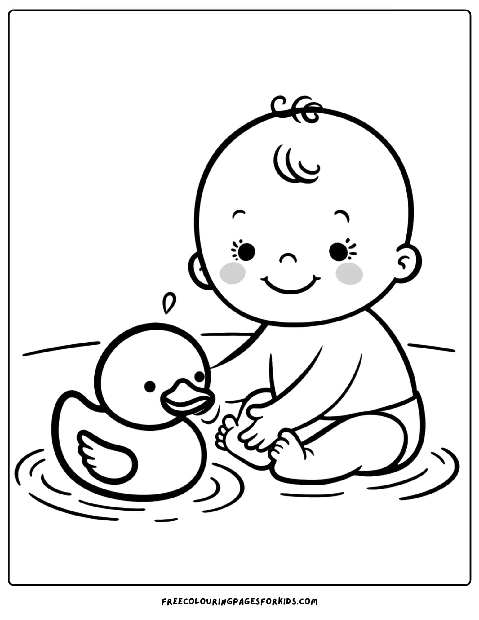 baby playing with a rubber duck coloring page