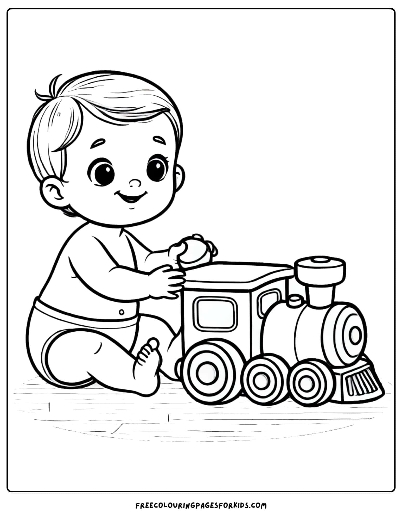 baby playing with a toy train coloring page