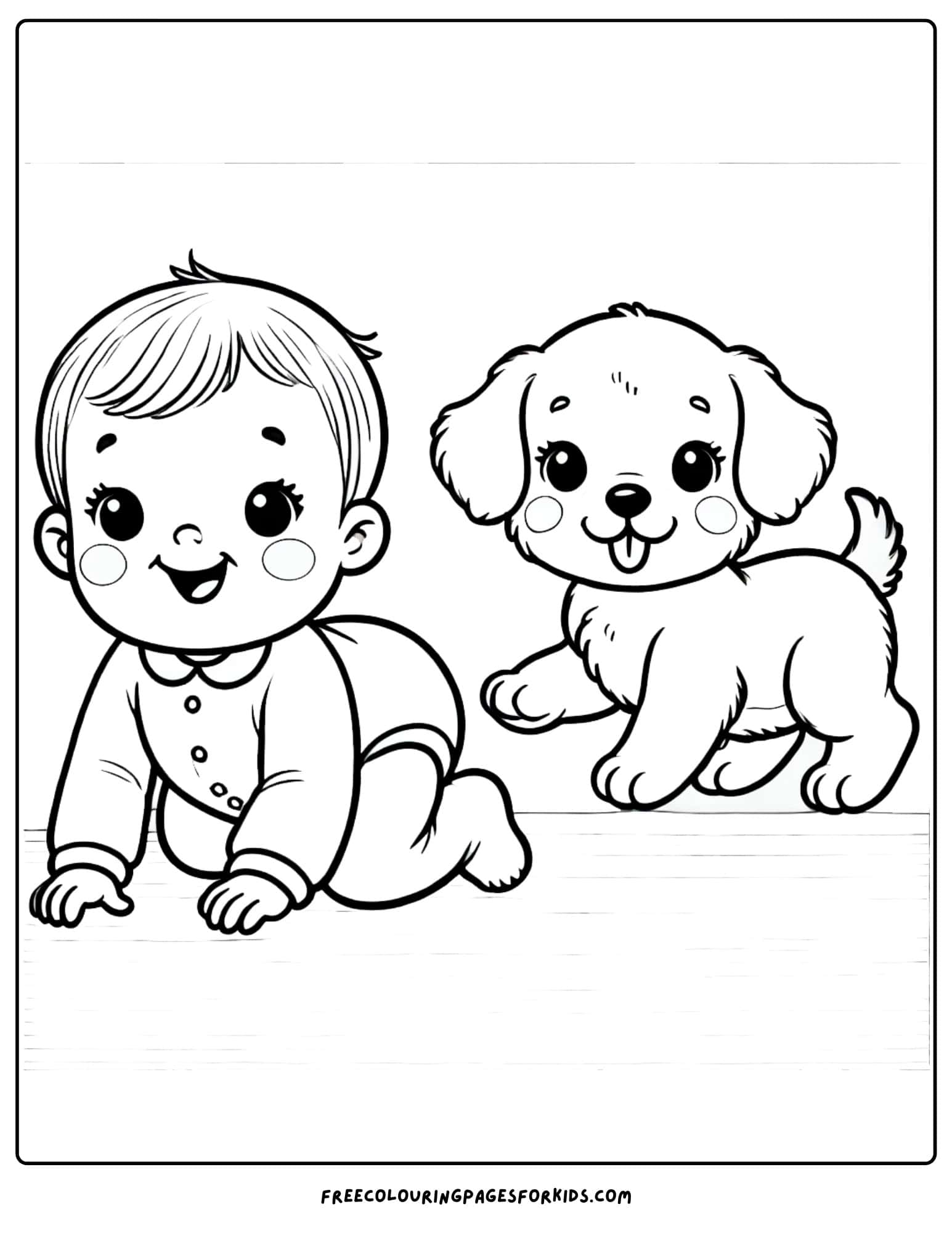 baby crawling with a pet puppy coloring page