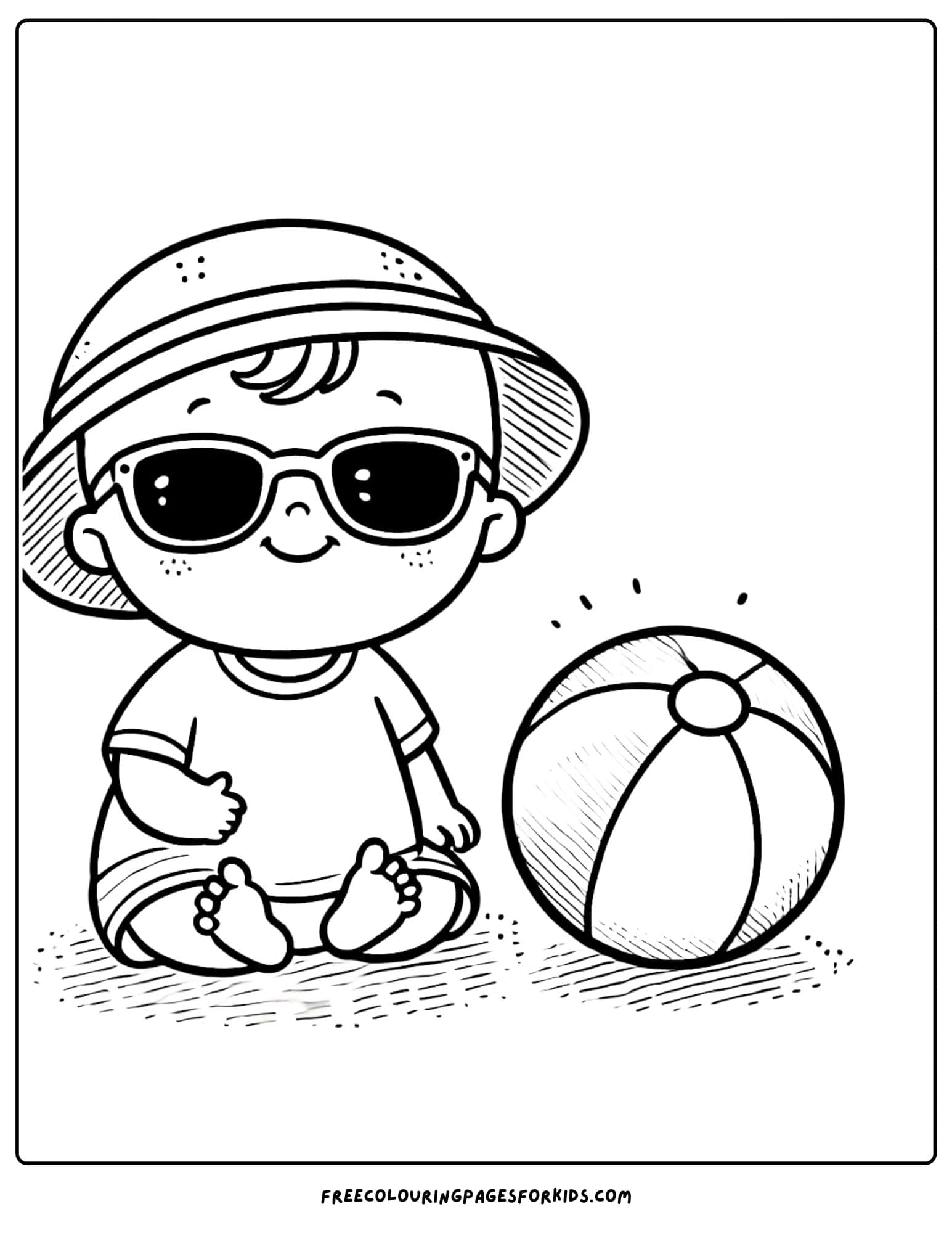 baby wearing sunglasses and next to a beach ball coloring page