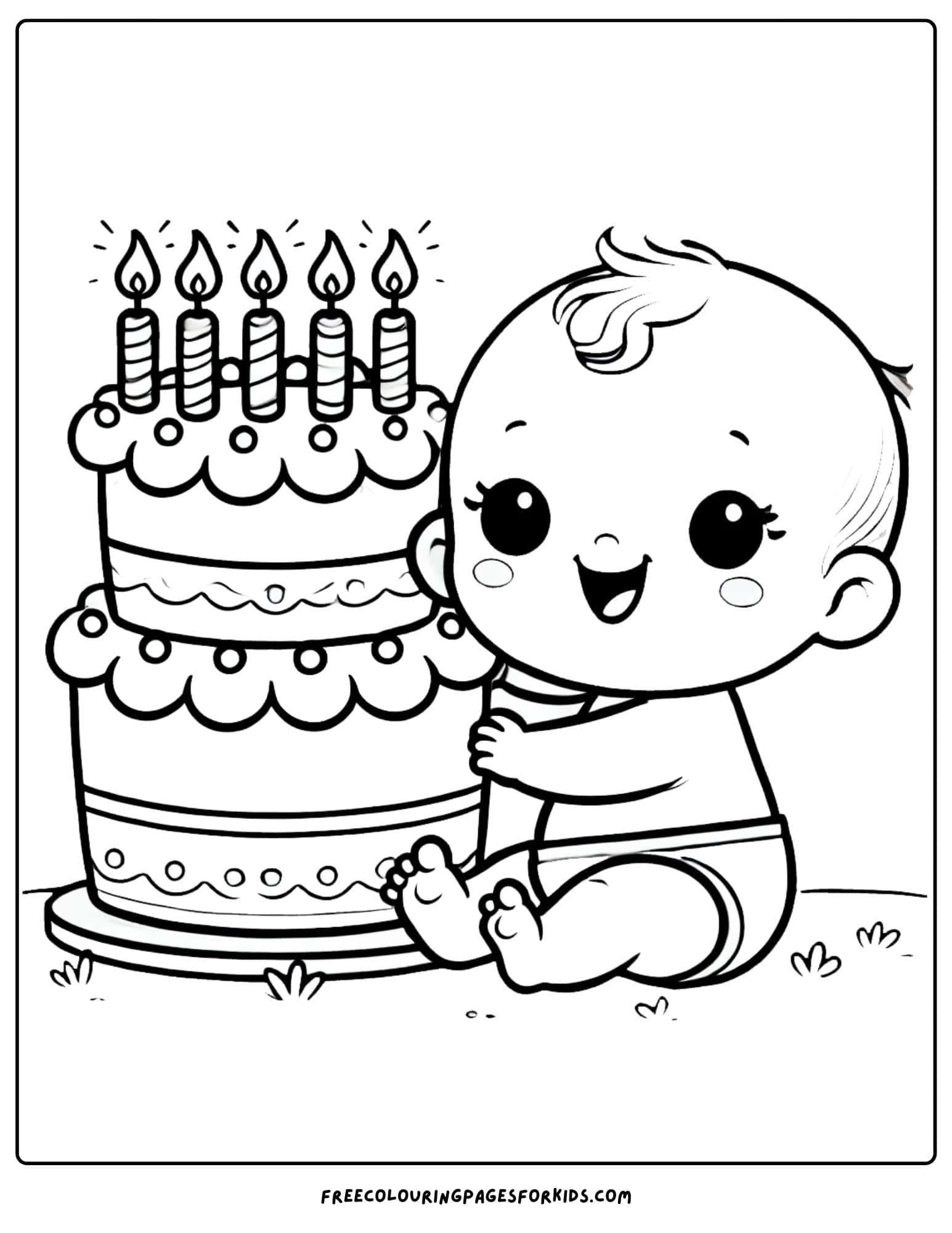 baby sitting with a birthday cake coloring page